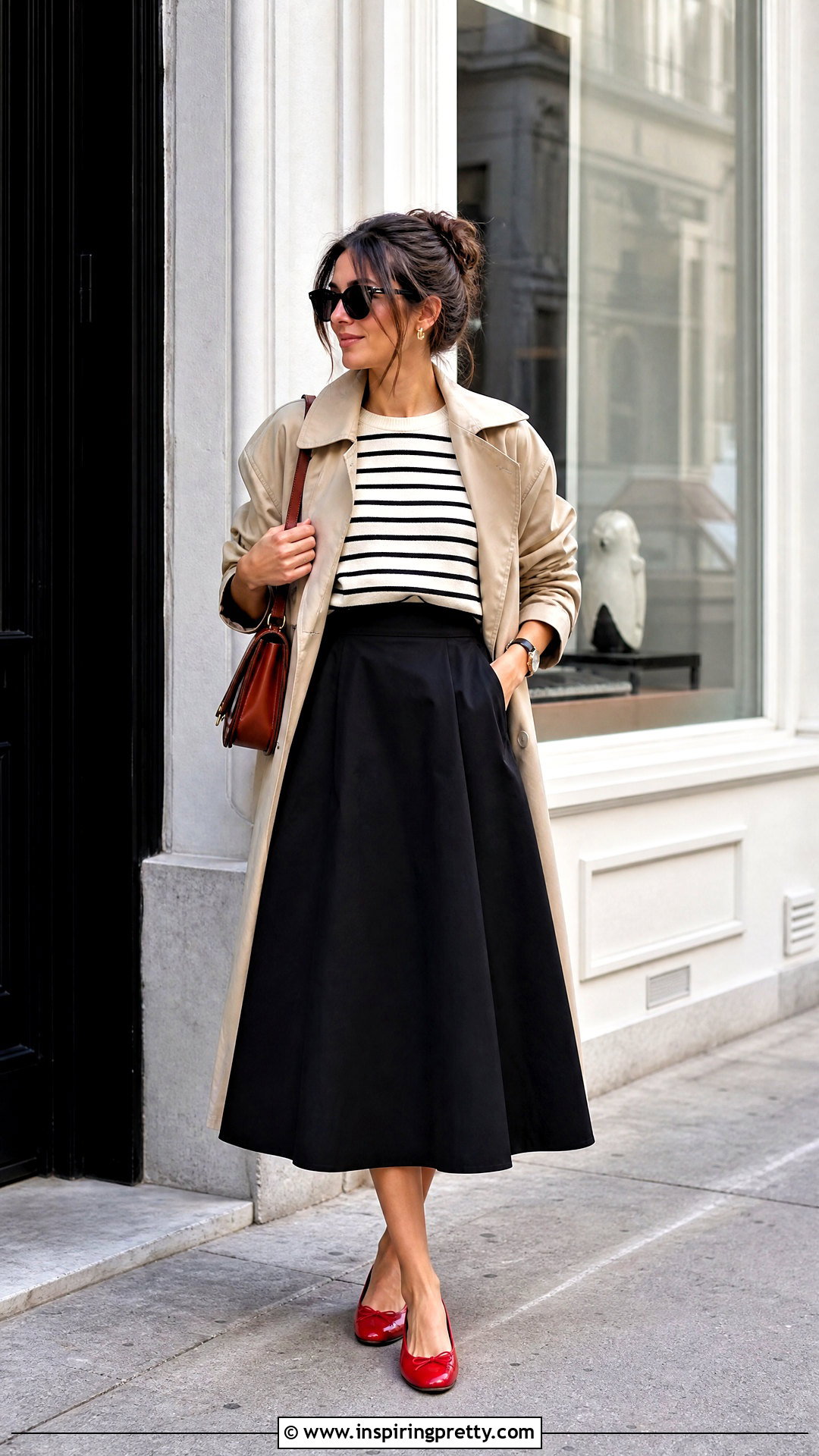 Striped Top And Black Midi Skirt Outfit - 50 skirt and top outfits