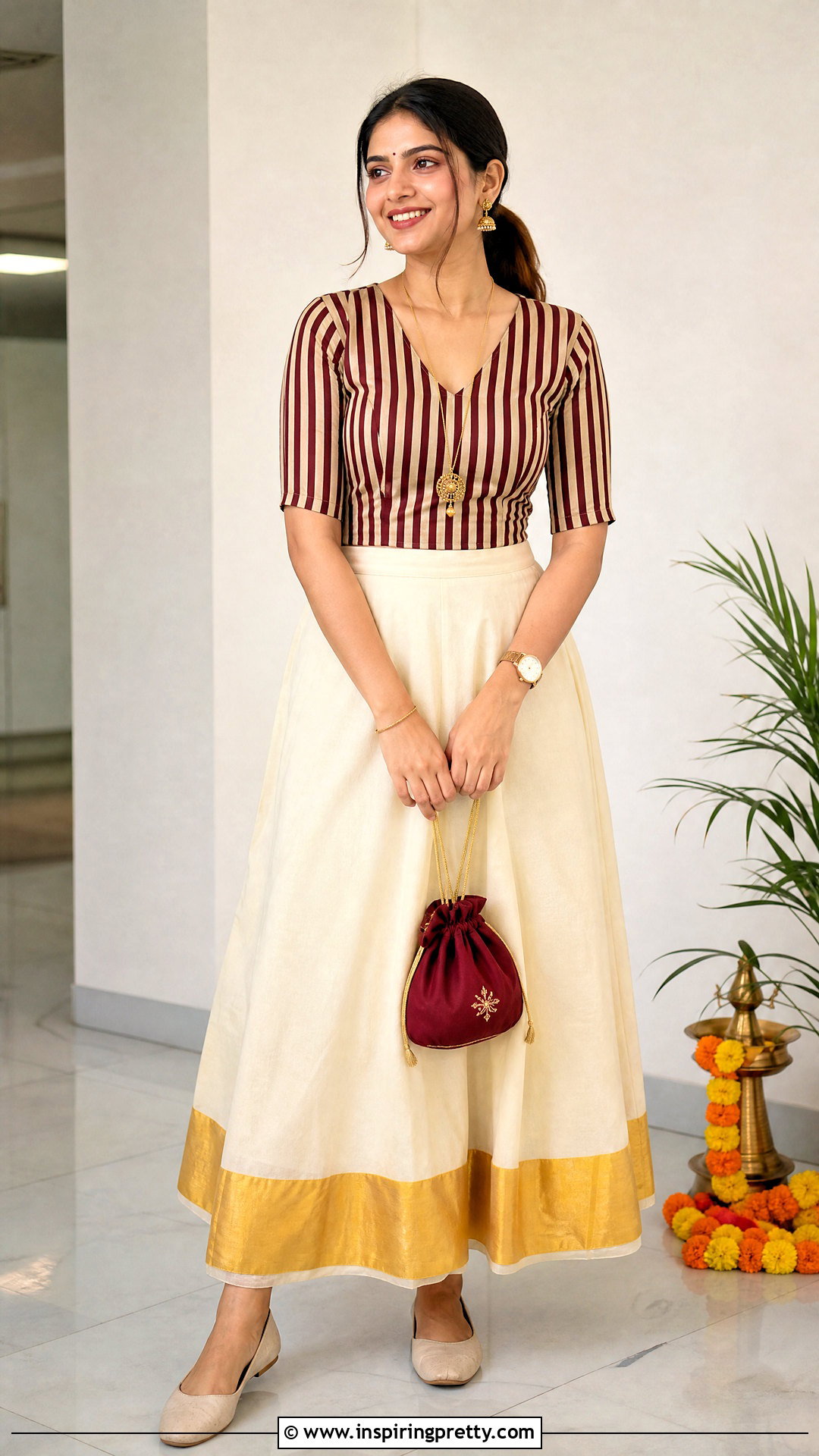 Striped Top And Plain Kasavu Onam Skirt - 50 latest onam skirt and top designs
