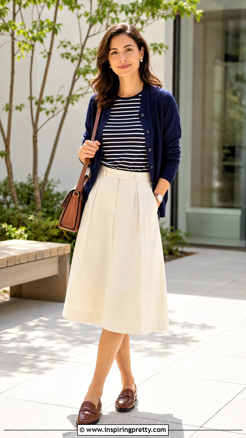 Striped Top With A Cardigan And Midi Skirt - 20 Minimalist Striped Top outfit ideas