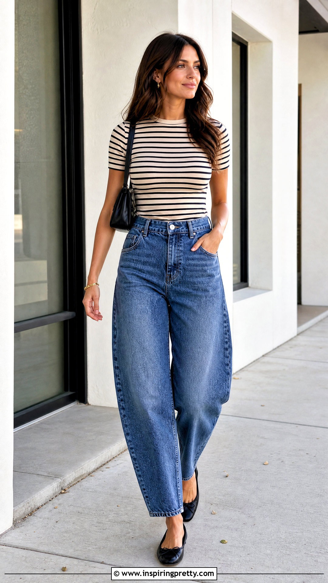 Striped Top With Barrel Jeans - 50 striped top outfit ideas
