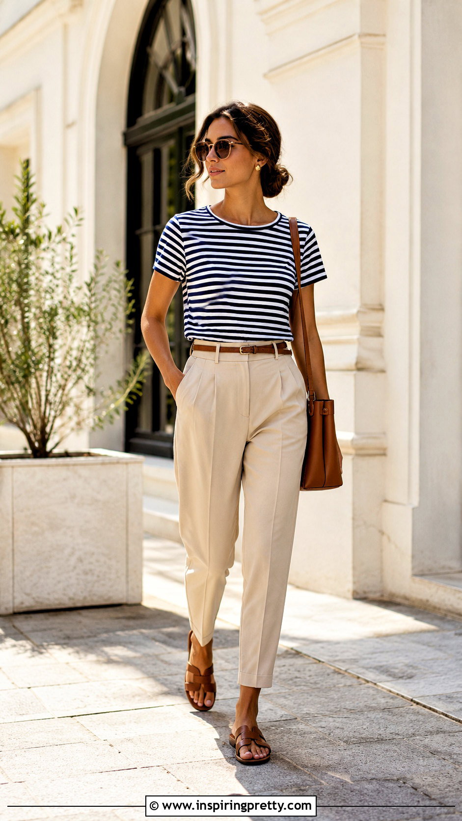 Striped Top With Beige Trousers And Sandals - 20 Minimalist Striped Top outfit ideas