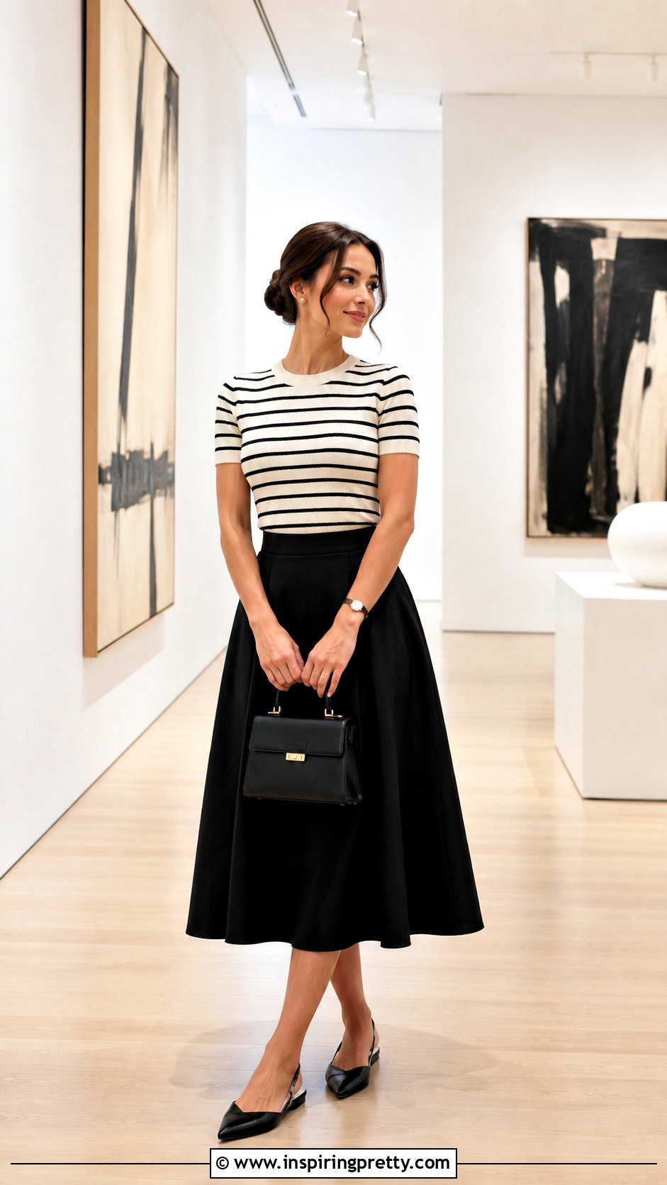 Striped Top With Black Midi Skirt And Slingback Flats - 20 Minimalist Striped Top outfit ideas