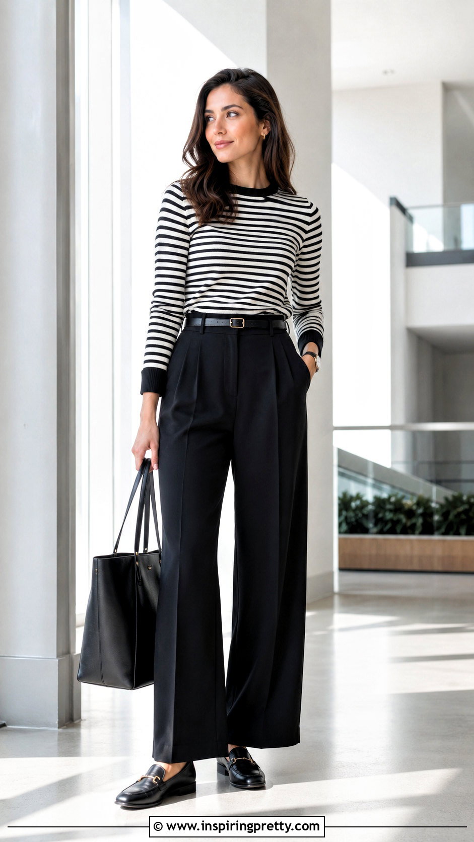 Striped Top With Black Trousers And Loafers - 20 Minimalist Striped Top outfit ideas