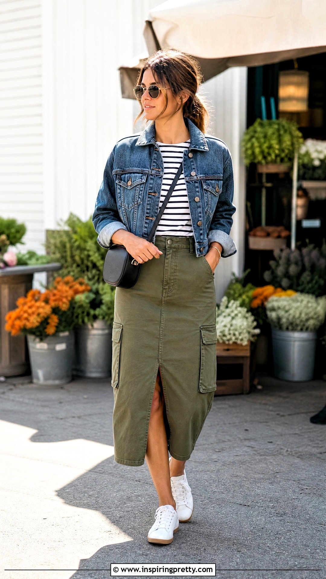 Striped Top With Denim Jacket And Cargo Skirt - 50 stripes top outfit ideas