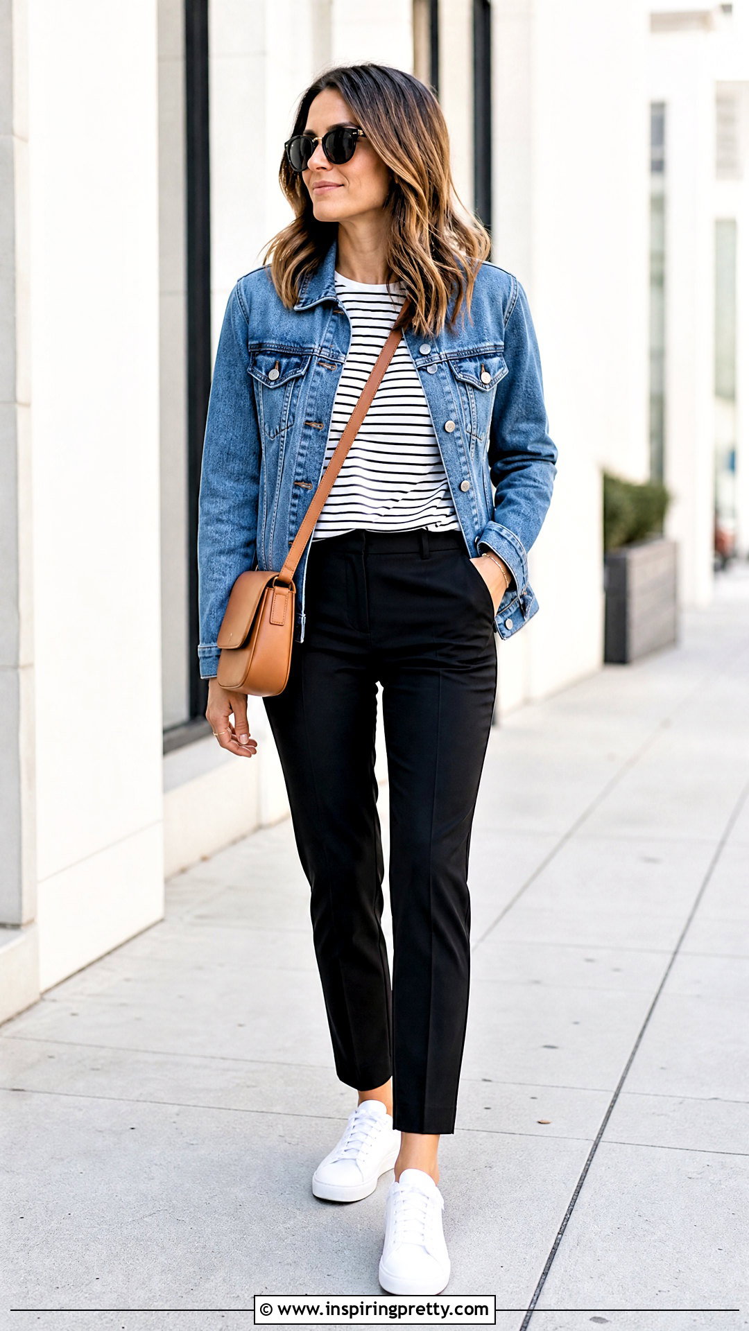 Striped Top With Denim Jacket And Trousers - 50 striped top outfit ideas