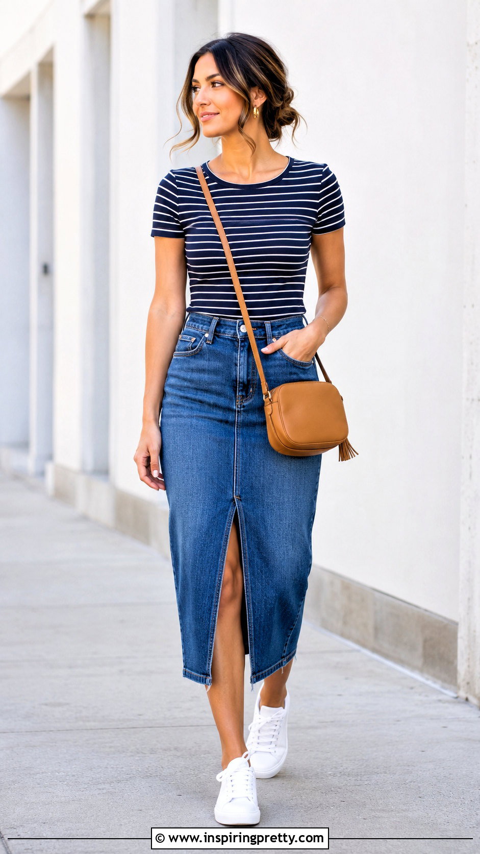Striped Top With Denim Midi Skirt And Sneakers - 20 Minimalist Striped Top outfit ideas