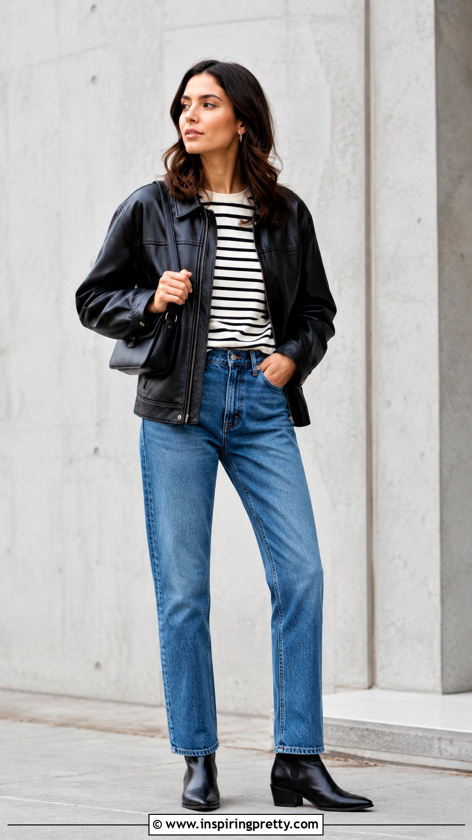 Striped Top With Jeans And A Leather Jacket - 20 Minimalist Striped Top outfit ideas