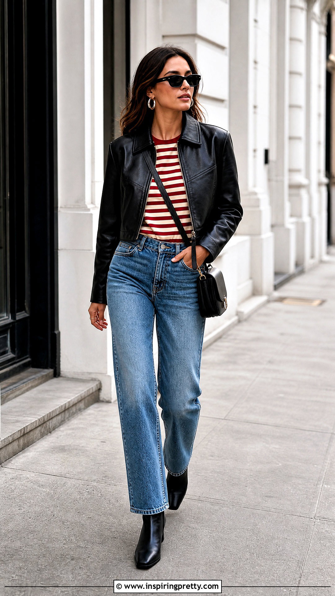 Striped Top With Leather Jacket And Jeans - 50 stripes top outfit ideas
