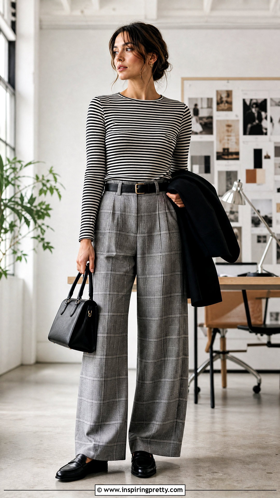 Striped Top With Plaid Pants And Loafers - What Top To Wear With Plaid Pants (20 Ways)