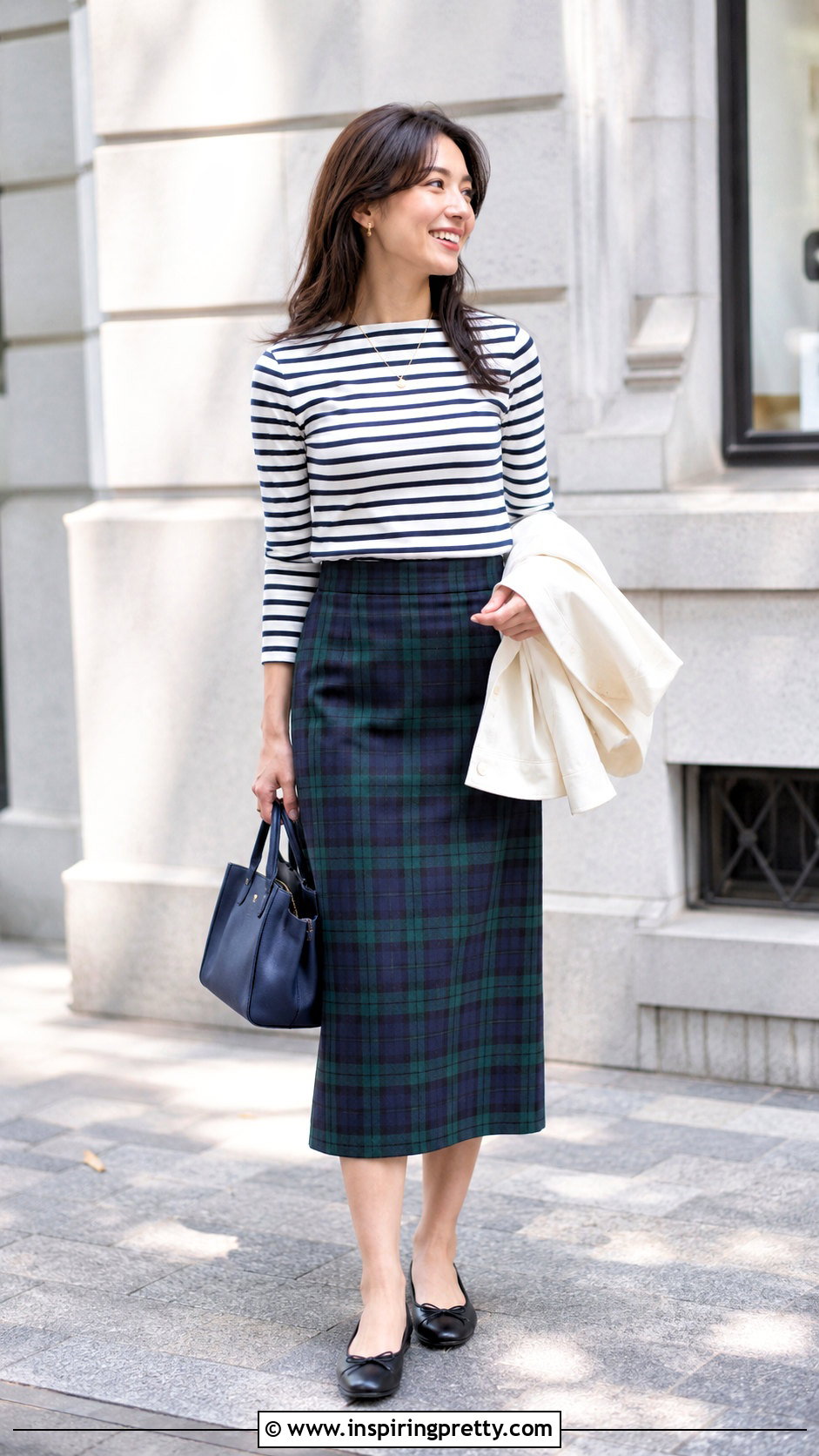 Striped Top With Plaid Skirt and Ballet Flats - 20 tops to wear with plaid skirts