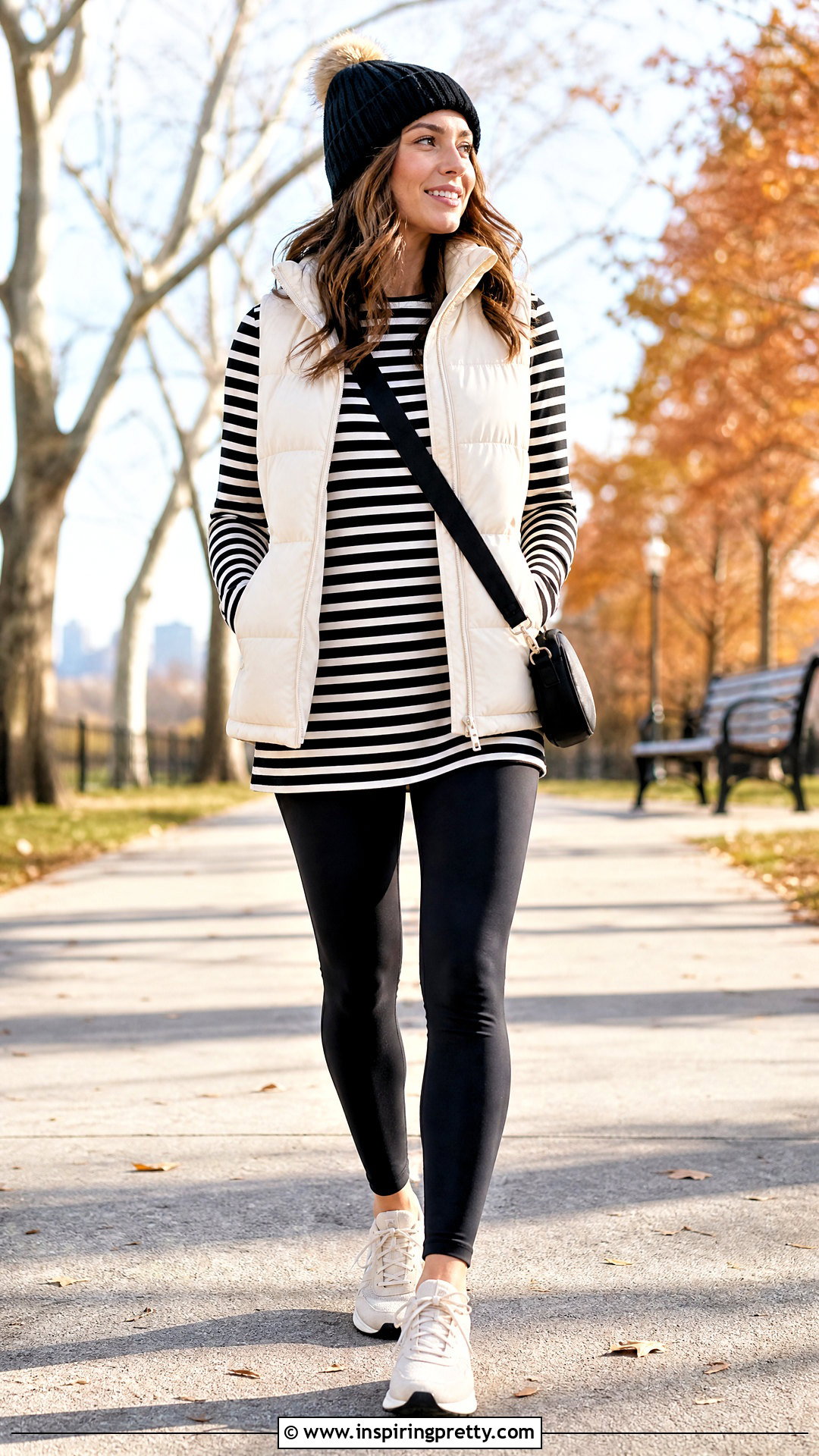Striped Top With Puffer Vest And Leggings - 50 striped top outfit ideas