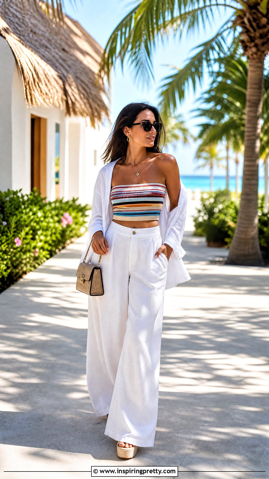 Striped Tube Crop Top With Palazzo Pants - 20 Colorful Striped Crop Tops outfit ideas
