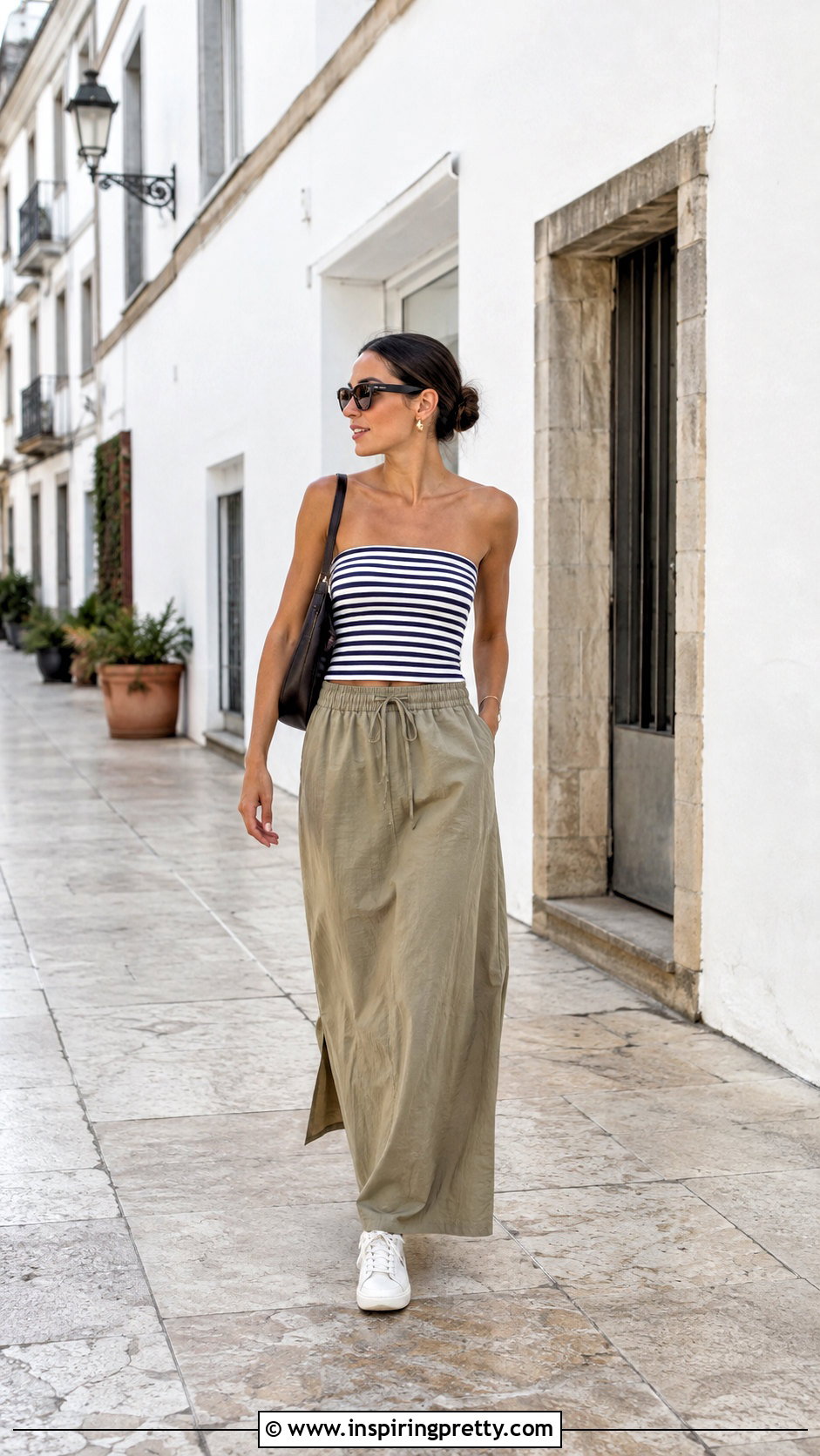 Striped Tube Top With Khaki Maxi Skirt - 25 Tube Top Skirt Dress outfit ideas