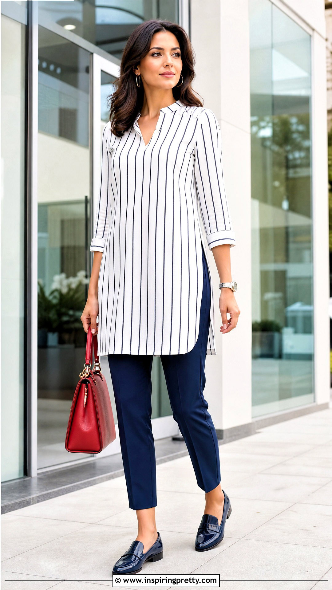 Striped Tunic Top With Navy Ankle Pants - 50 stylish tunic tops outfit ideas