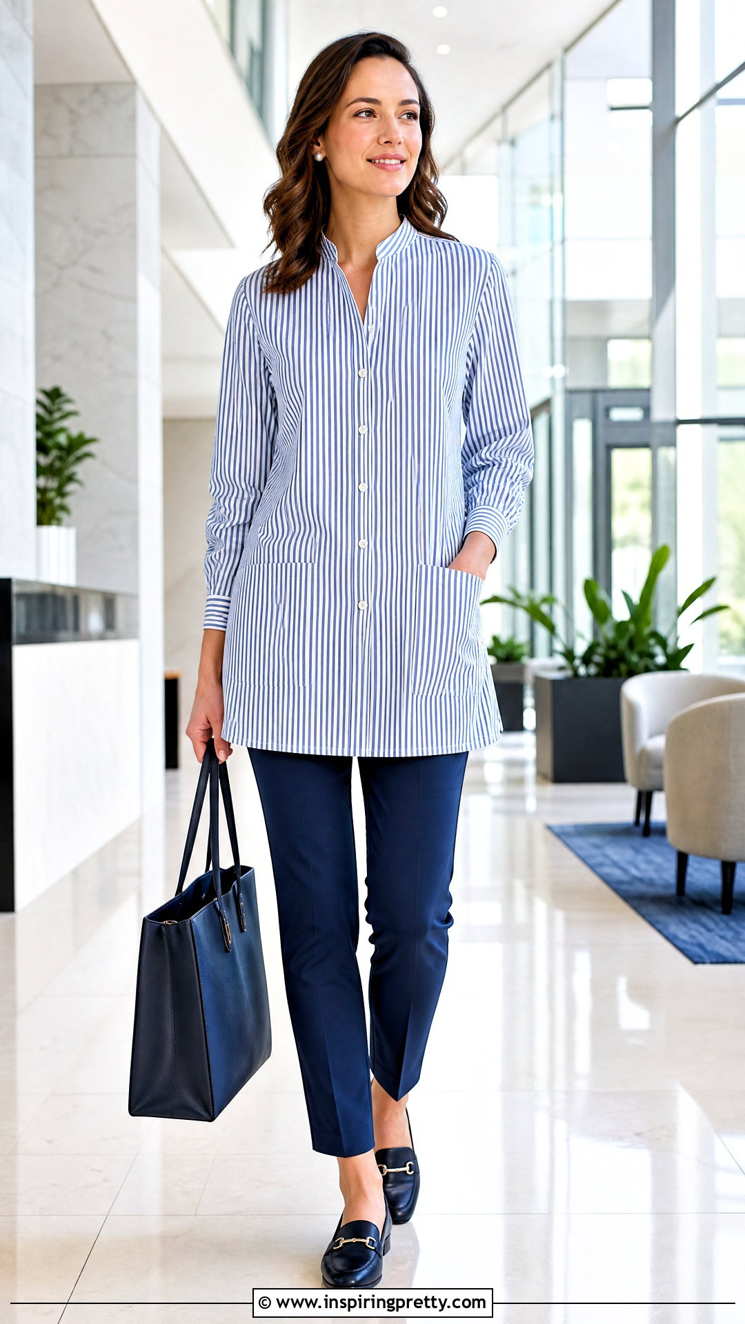 Striped Tunic Top With Pockets And Navy Trousers - 20 tunic tops with pockets