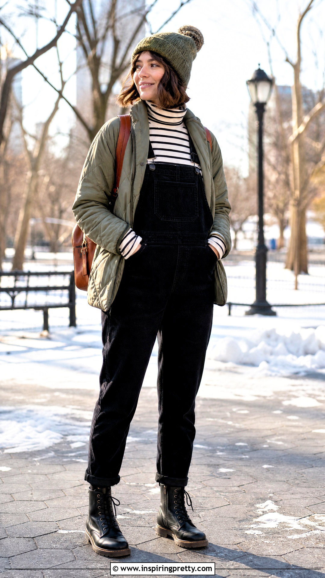 Striped Turtleneck And Black Overalls Outfit - 50 winter tops outfit ideas
