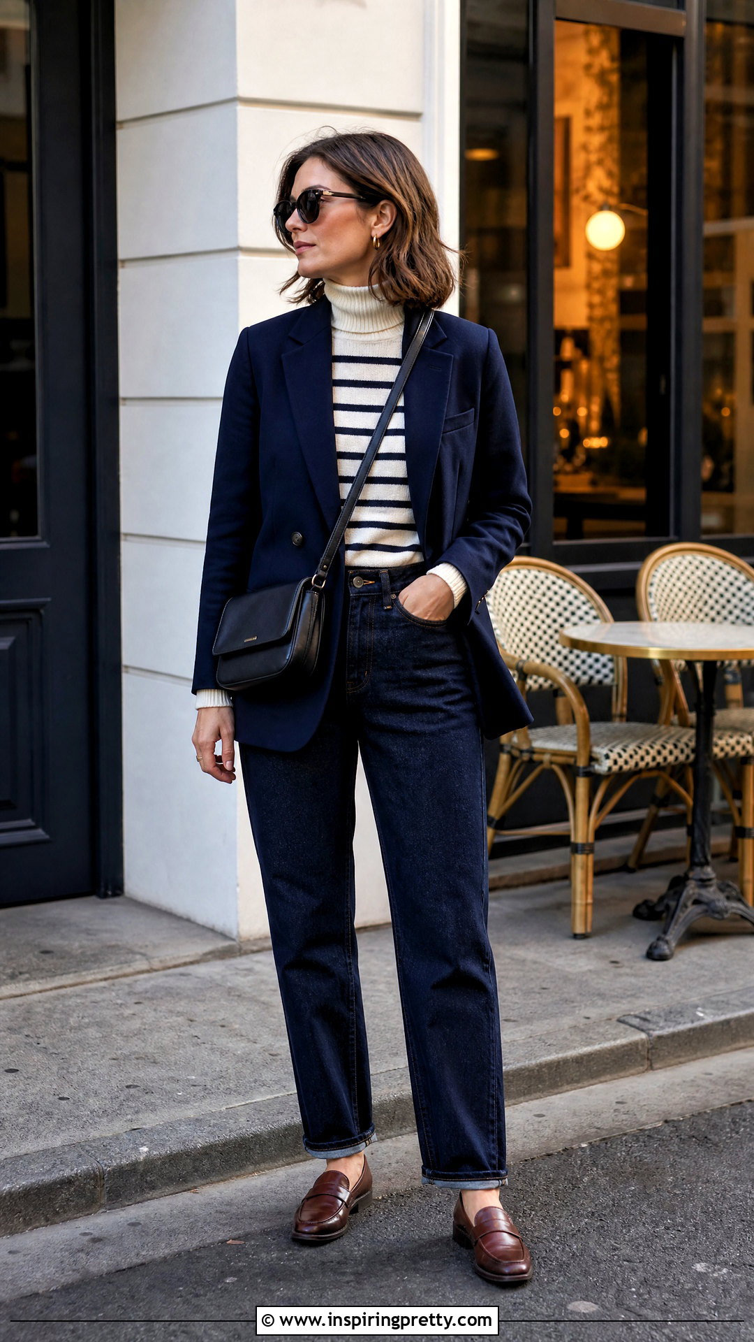 Striped Turtleneck Top With Dark Wash Jeans - 50 Turtle Neck Top outfit ideas