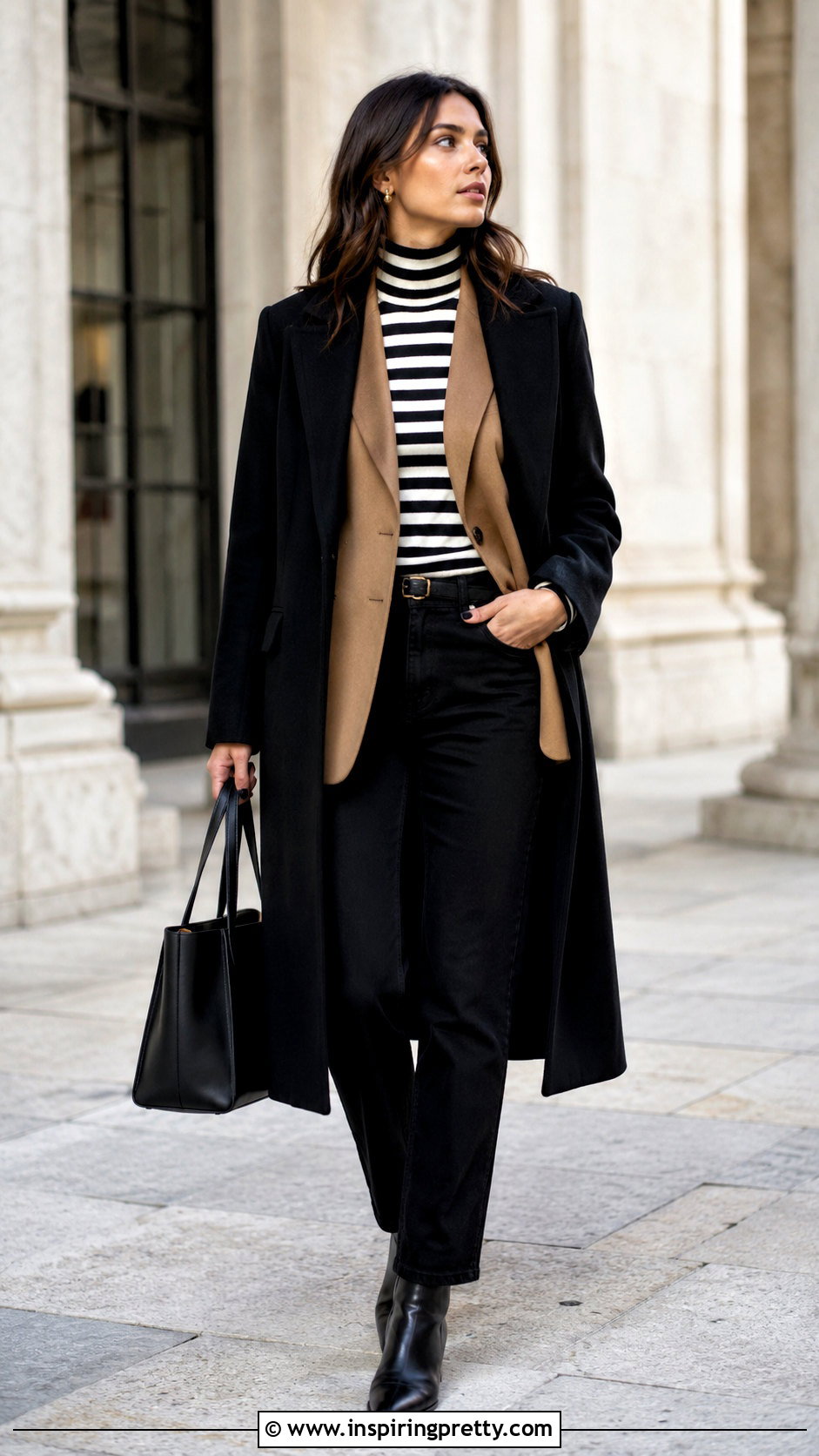 Striped Turtleneck With A Blazer - 50 cute winter tops outfit ideas