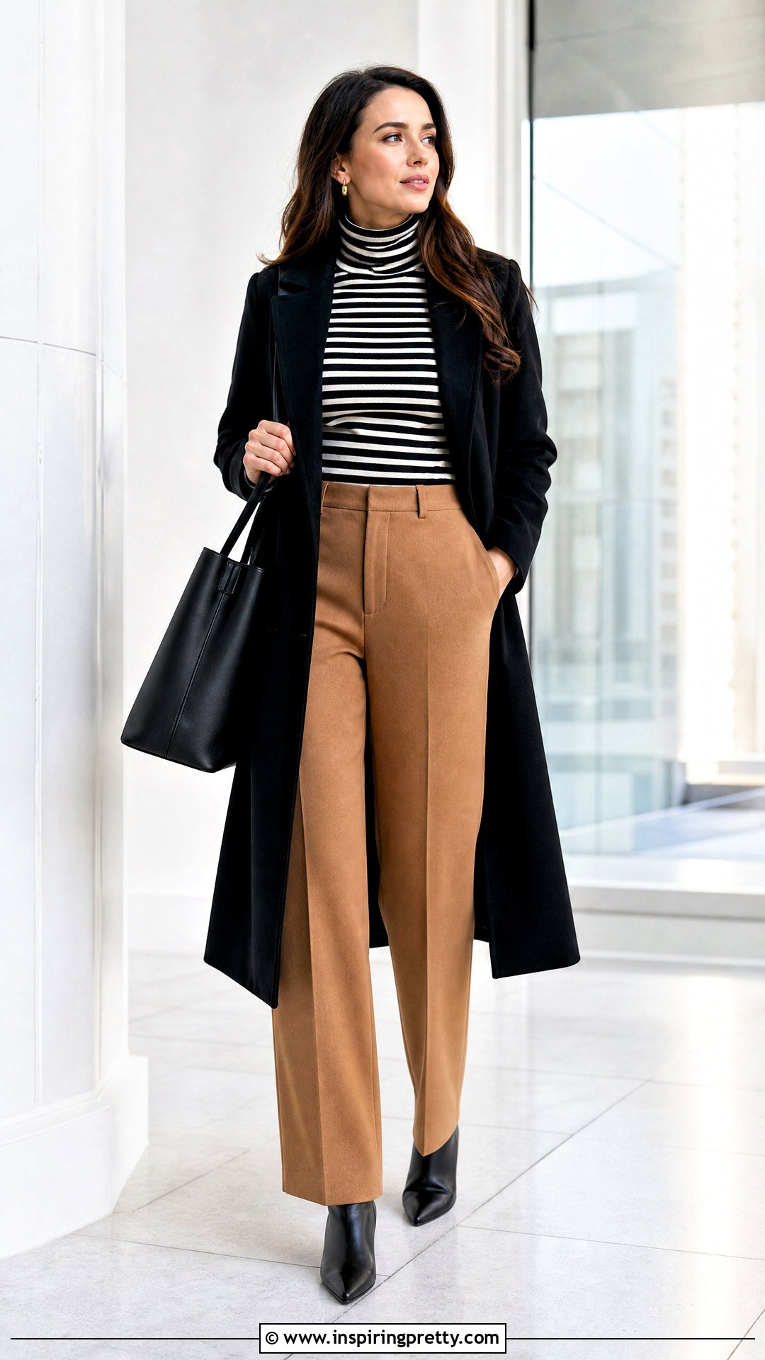 Striped Turtleneck With Trousers And Coat - 50 striped top outfit ideas