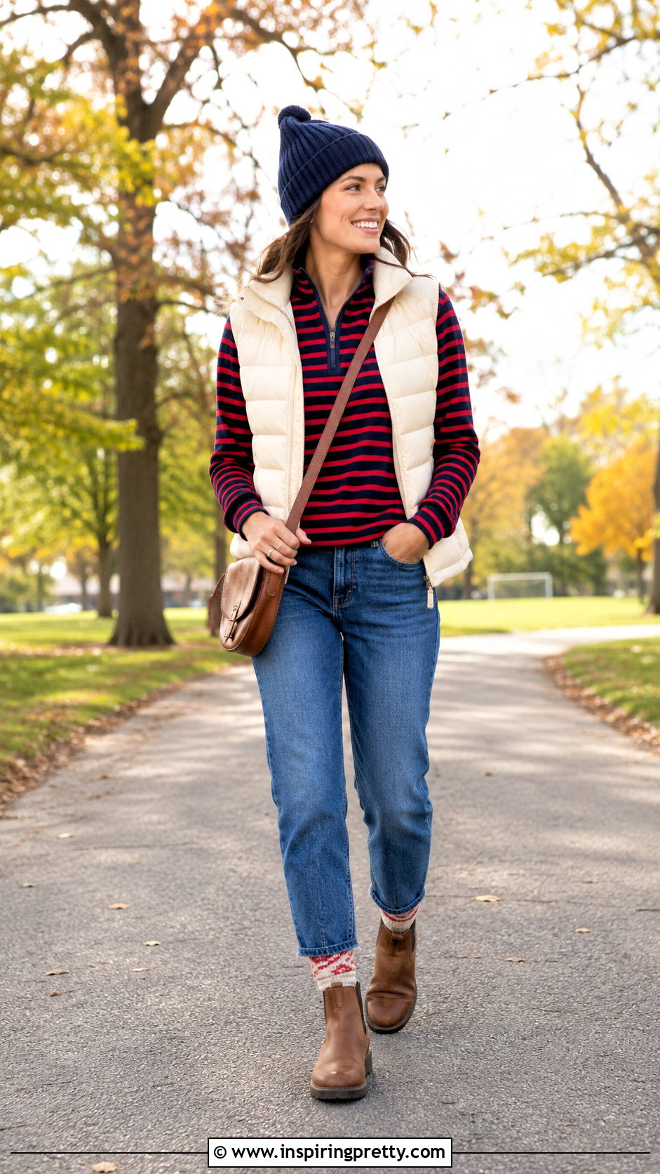 Striped Zipper Top With A Puffer Vest And Jeans - 20 Striped Top With Zipper outfit ideas