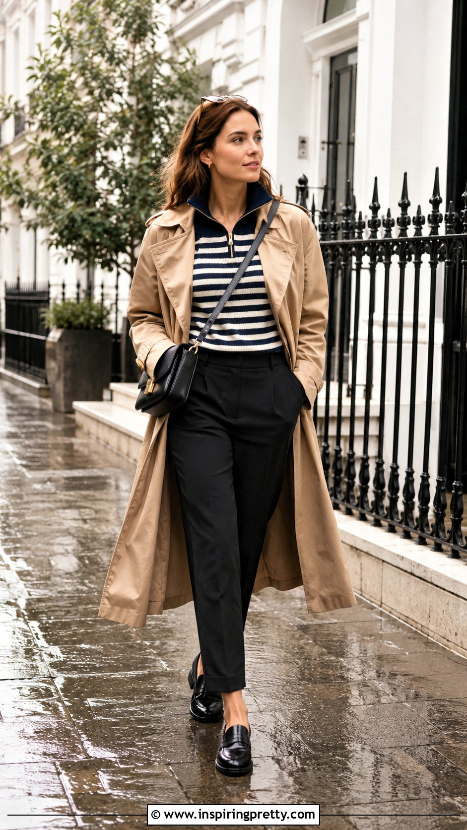 Striped Zipper Top With A Trench Coat - 20 Striped Top With Zipper outfit ideas
