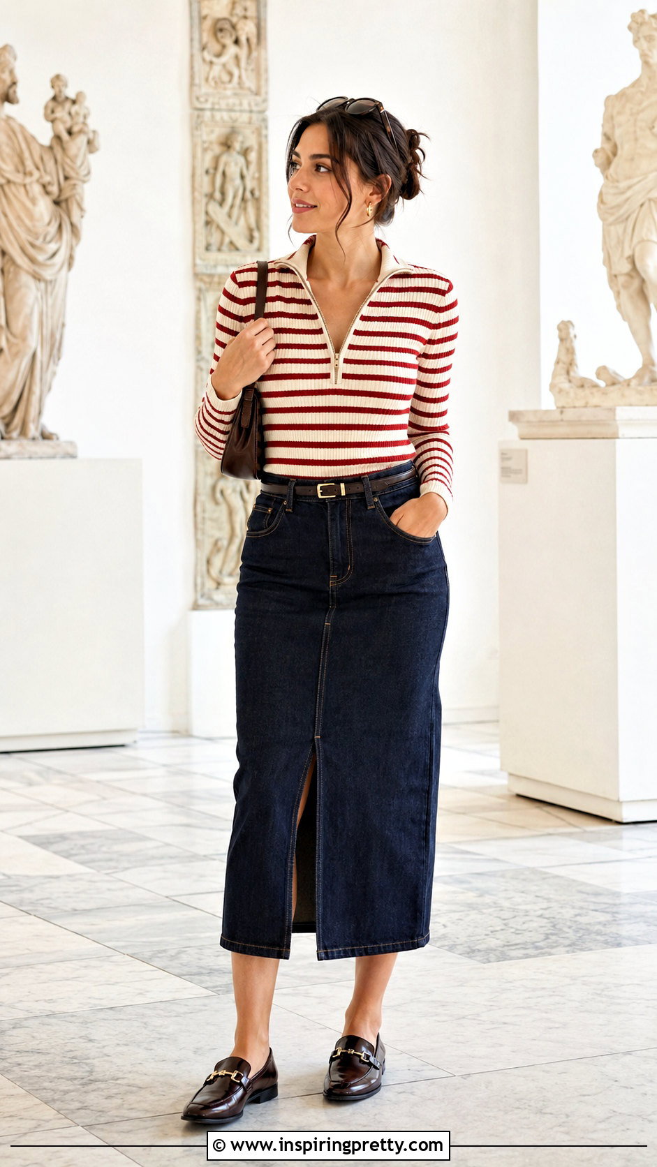 Striped Zipper Top With Denim Midi Skirt - 20 Striped Top With Zipper outfit ideas