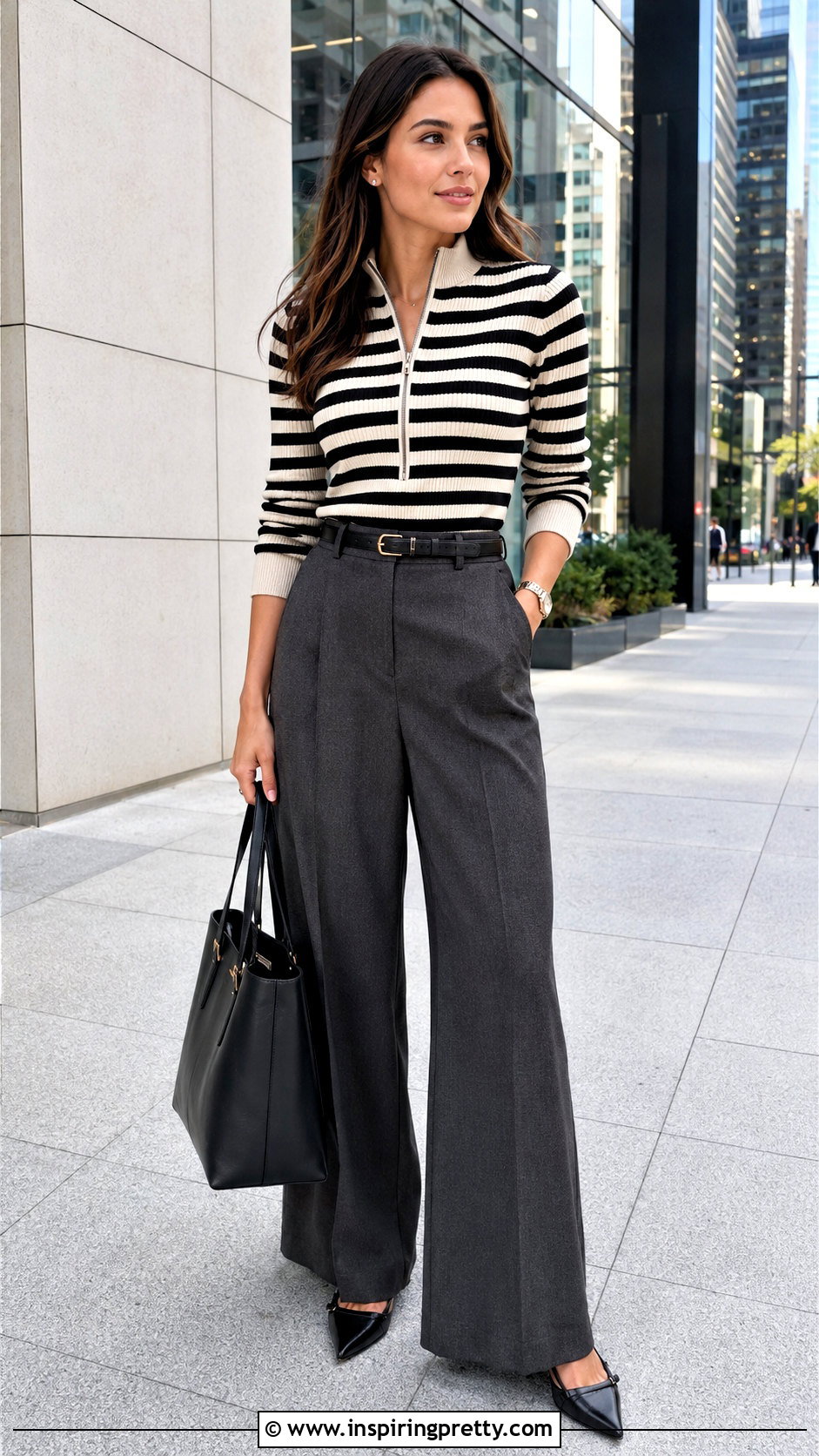 Striped Zipper Top With Wide Leg Trousers - 20 Striped Top With Zipper outfit ideas