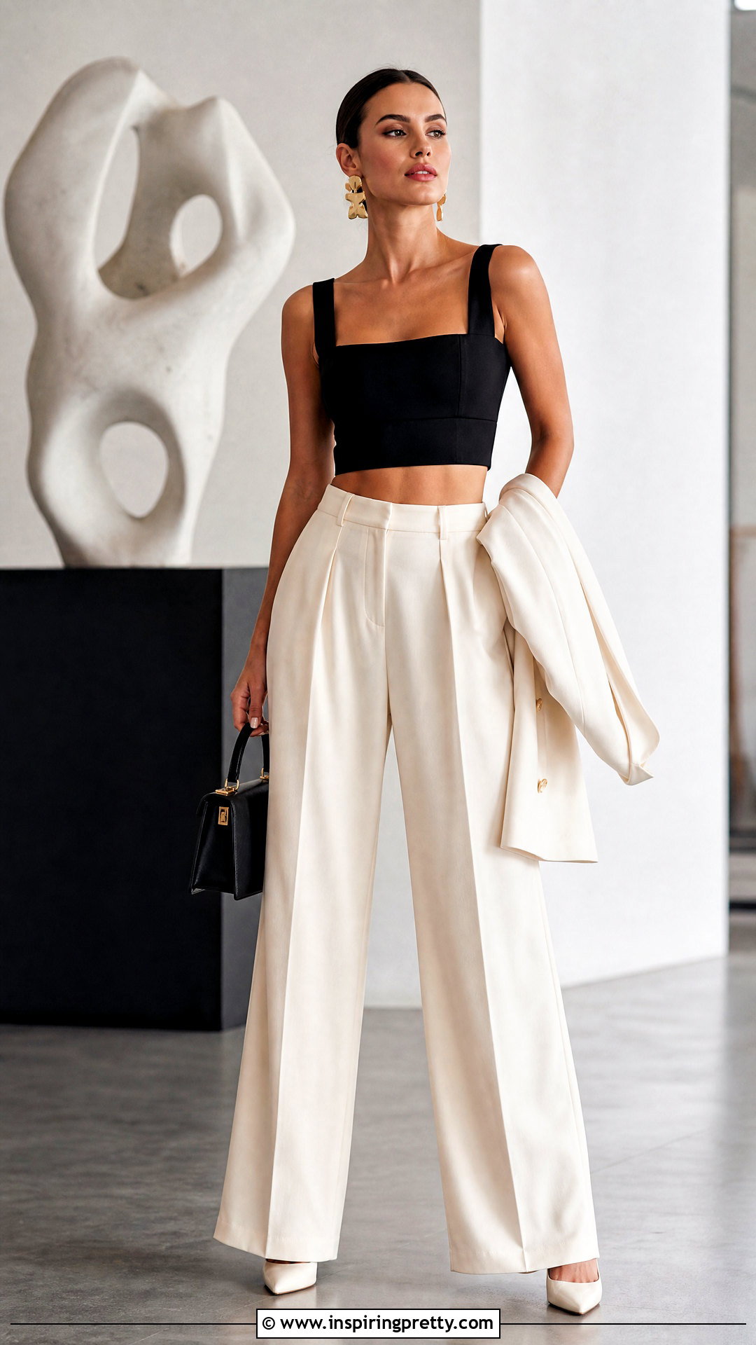 Structured Crop Top With Wide Leg Trousers - 50 cool crop tops outfit ideas