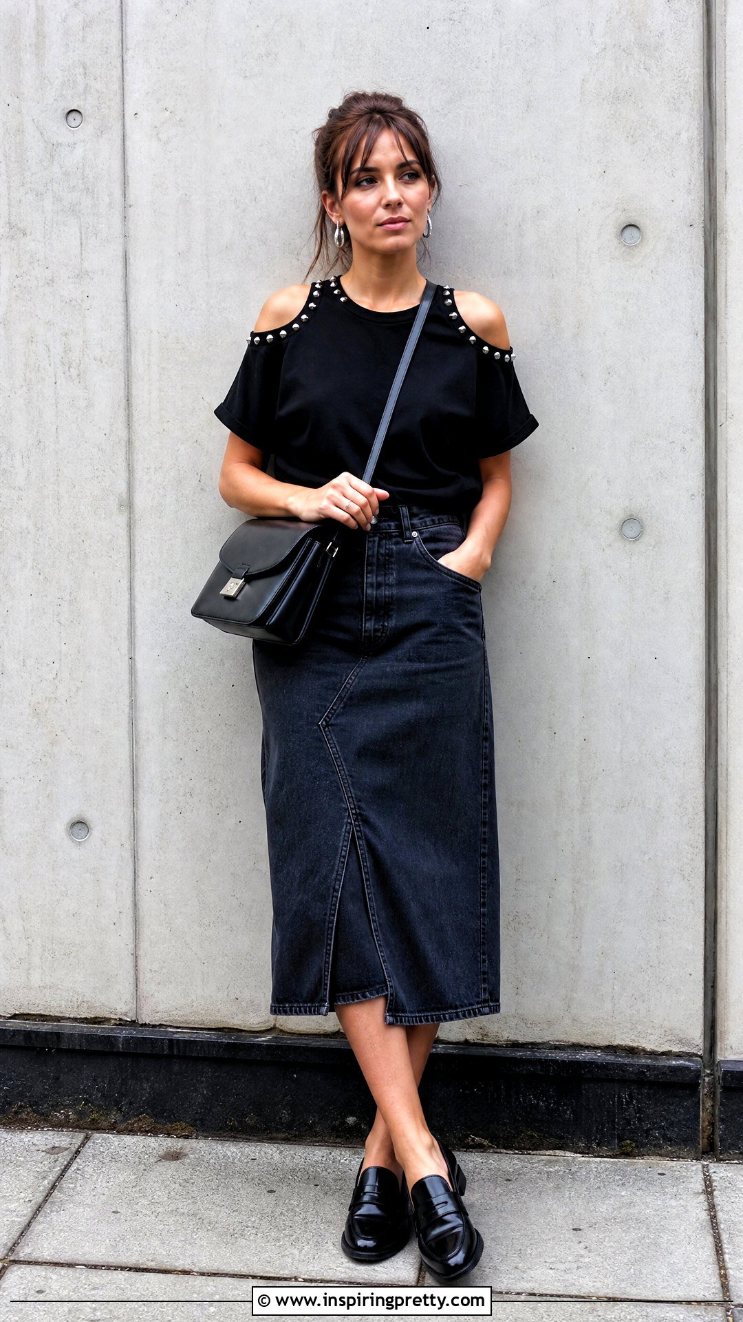 Studded Cold Shoulder Top With Denim Skirt - 20 cold shoulder top diy outfit ideas