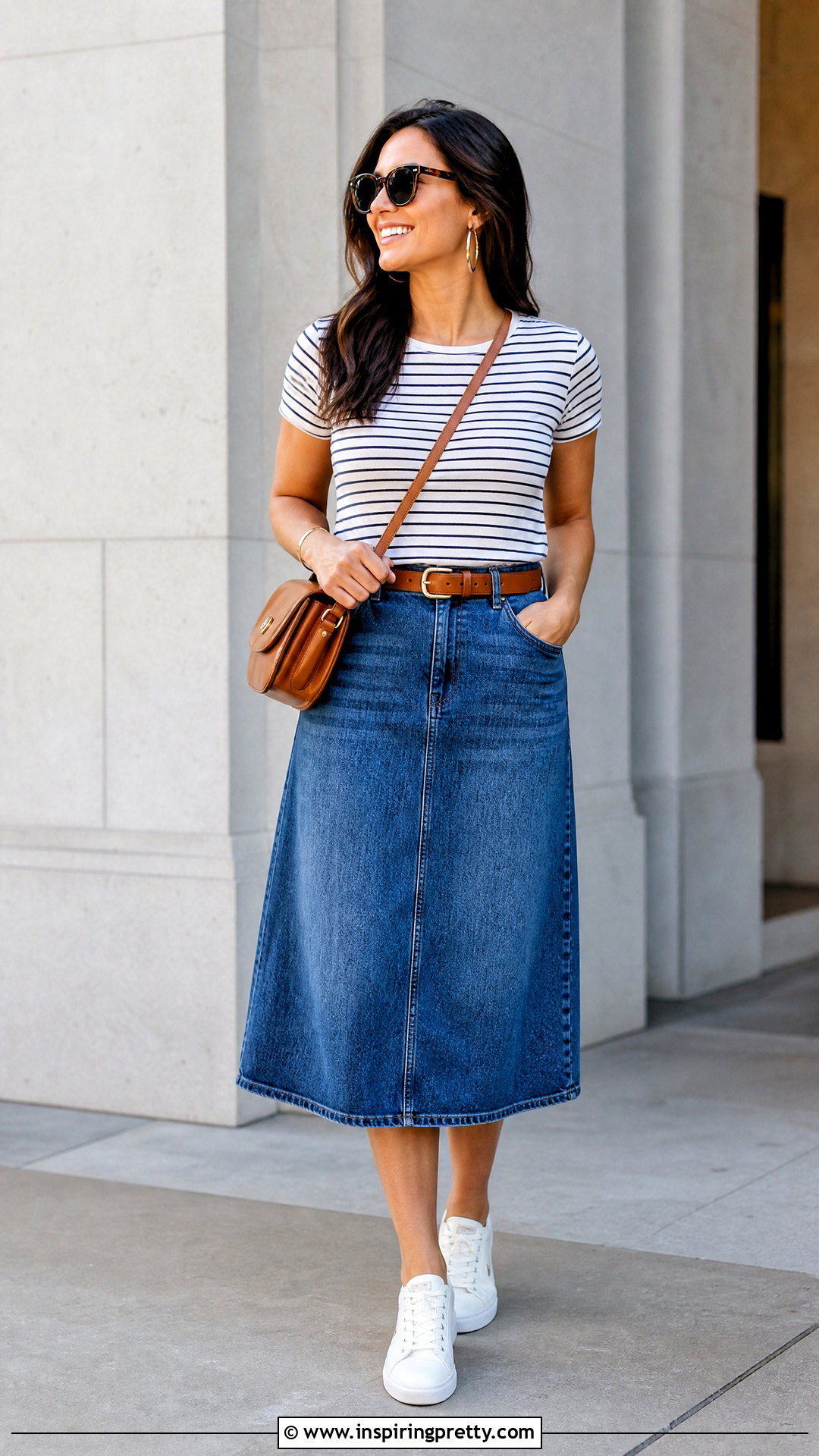 Style And Co Striped Tee And Denim Midi Skirt Outfit - 20 Style And Co Tops outfit ideas