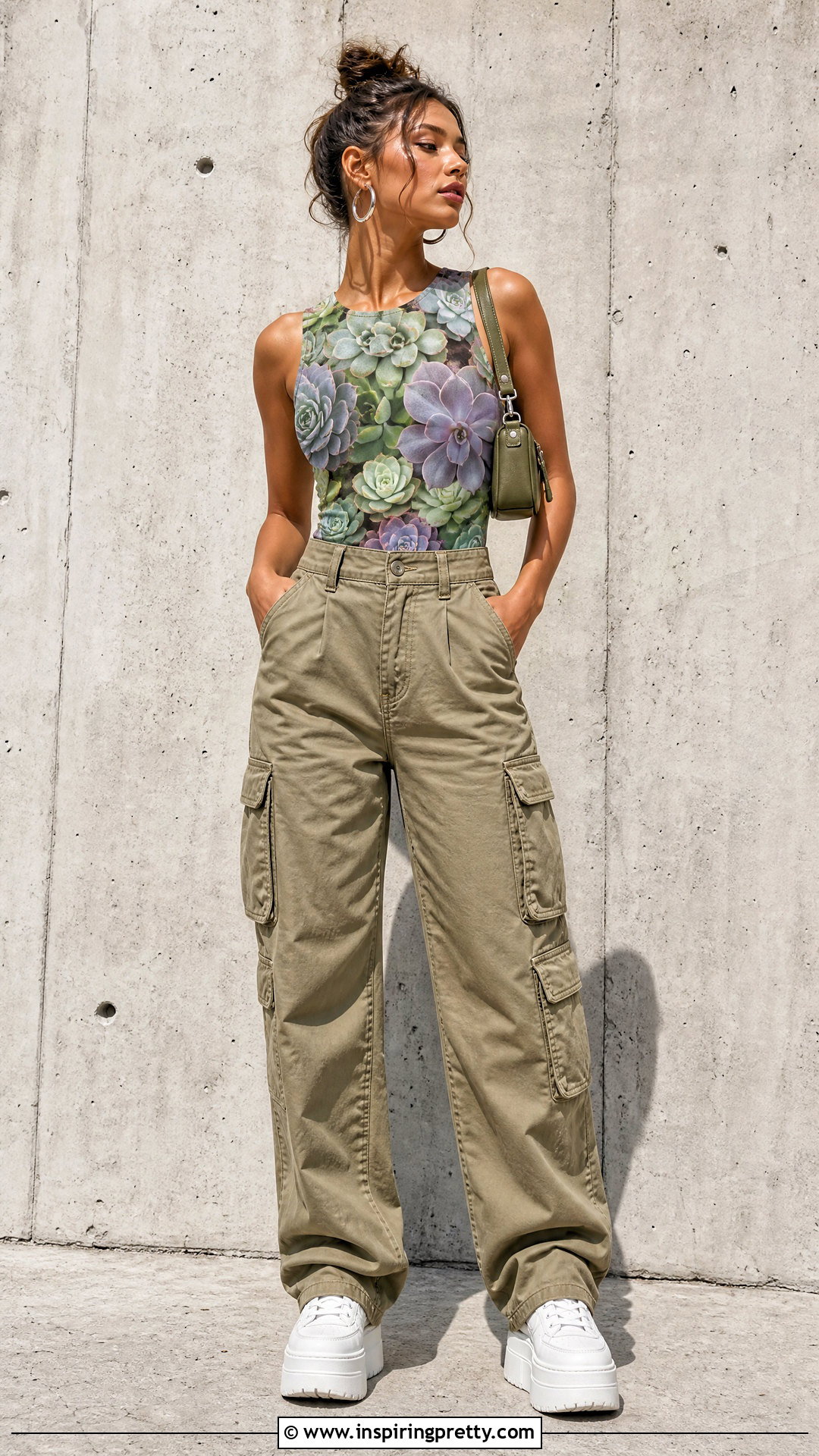 Succulent Flower Top With Khaki Cargo Pants - 50 flower top photoshoot ideas