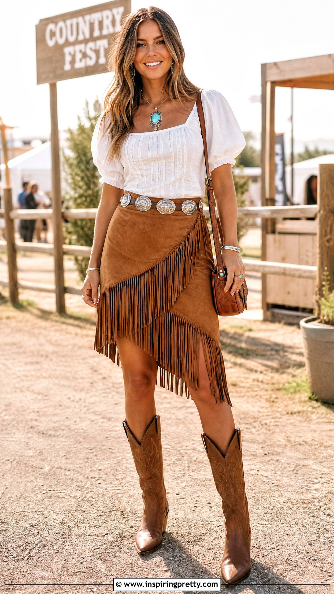Suede Fringe Western Skirt And White Blouse - 50 western skirt and top outfit ideas