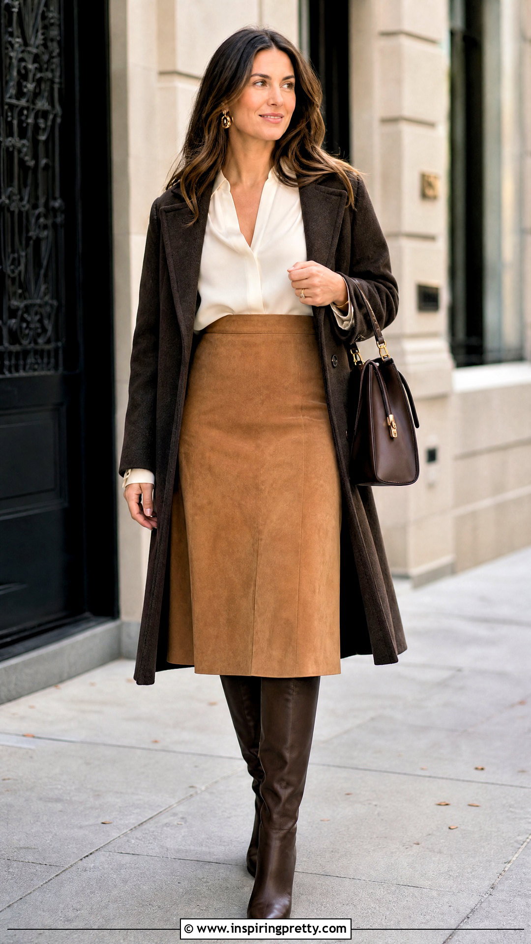 Suede Midi Skirt With Blouse And Knee High Boots - 50 top skirt outfit ideas