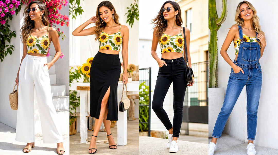 20 Sunflower Print Crop Top Outfit Ideas for Sunny Vacations