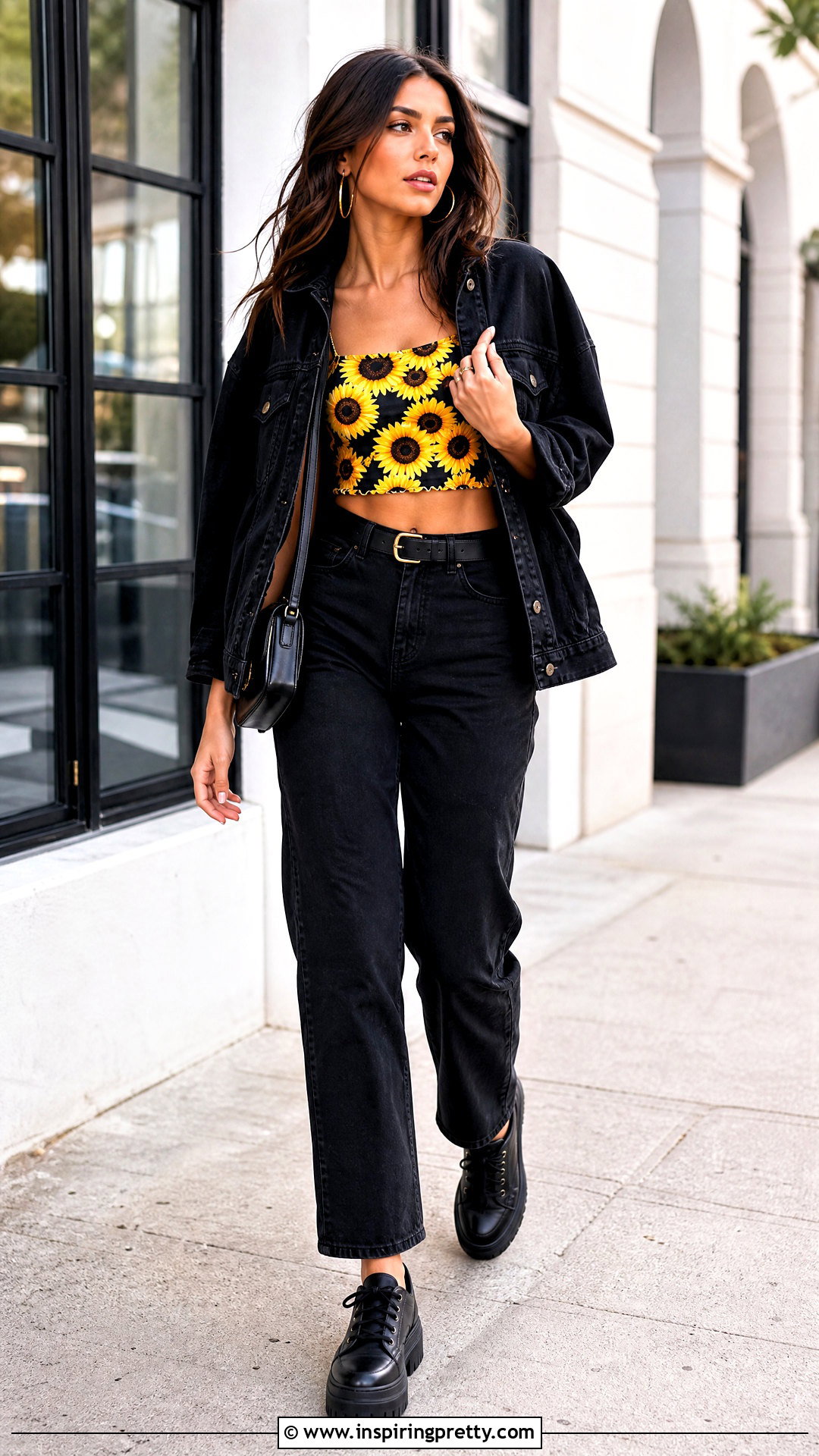 Sunflower Print Crop Top With Black Jeans - 20 sunflower print crop top outfit ideas