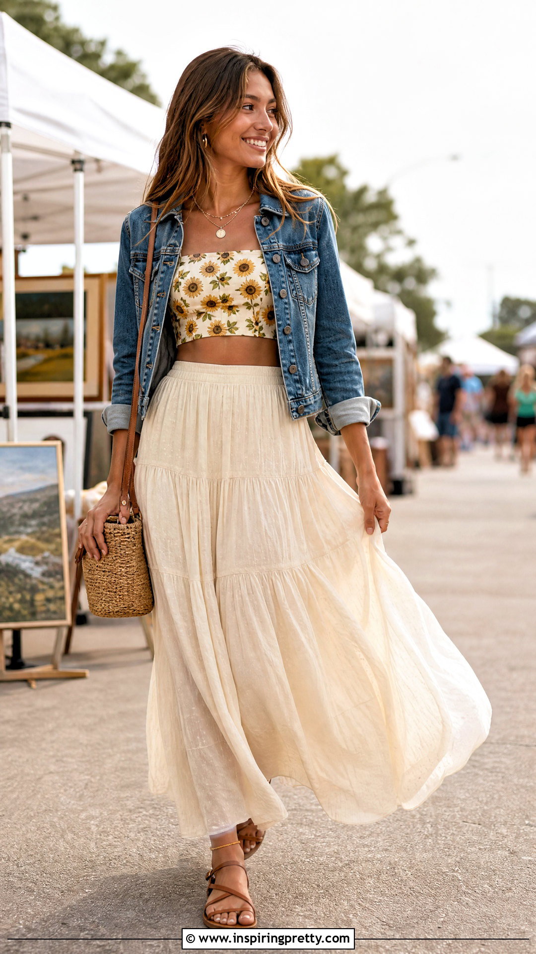 Sunflower Print Crop Top With Flowy Maxi Skirt - 20 sunflower print crop top outfit ideas