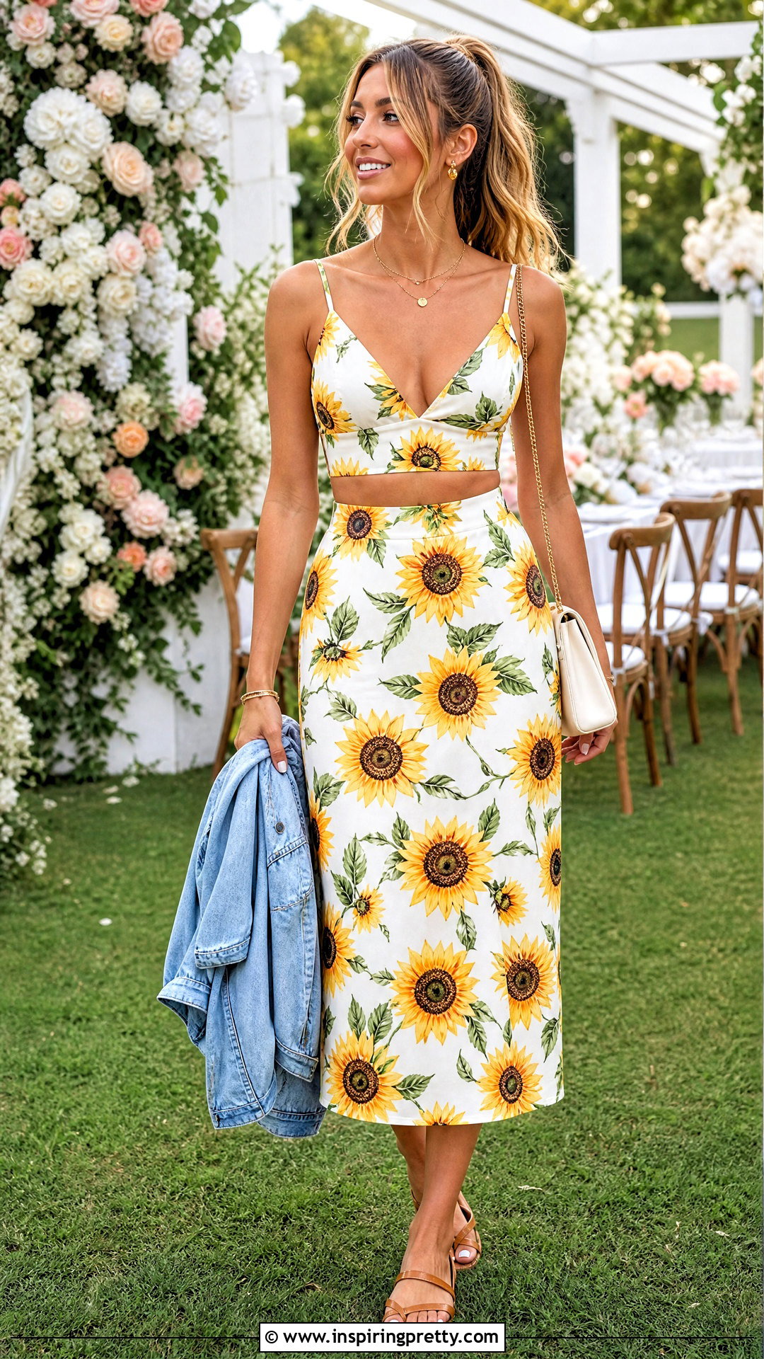Sunflower Print Crop Top With Matching Skirt - 20 sunflower print crop top outfit ideas