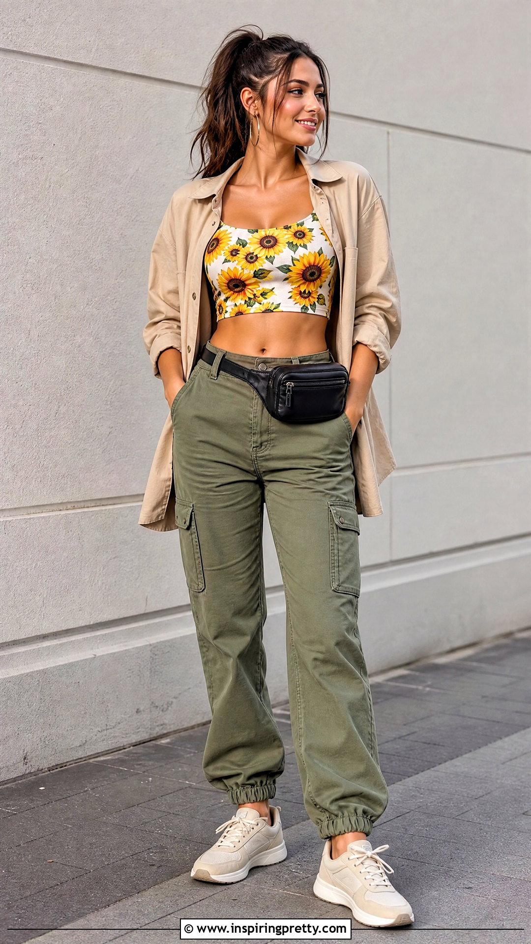 Sunflower Print Crop Top With Olive Cargo Pants - 20 sunflower print crop top outfit ideas