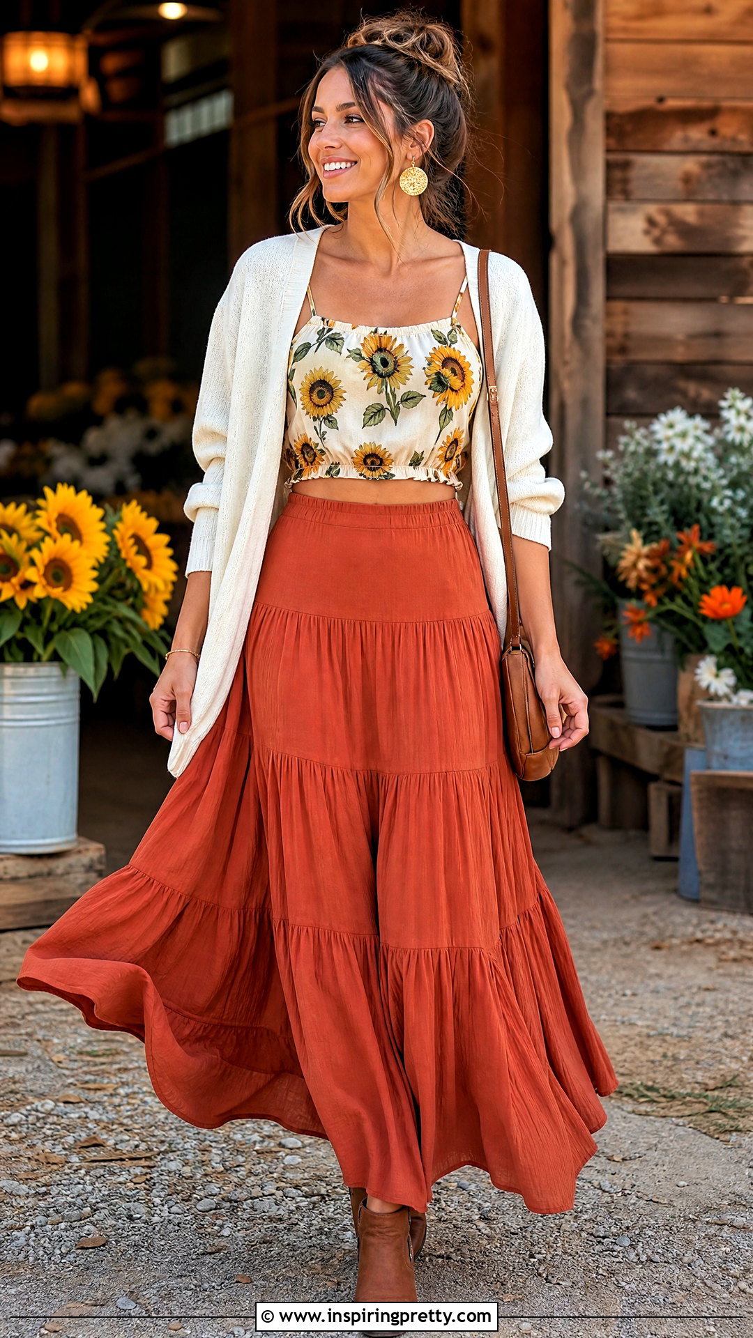 Sunflower Print Crop Top With Rust Maxi Skirt - 20 sunflower print crop top outfit ideas