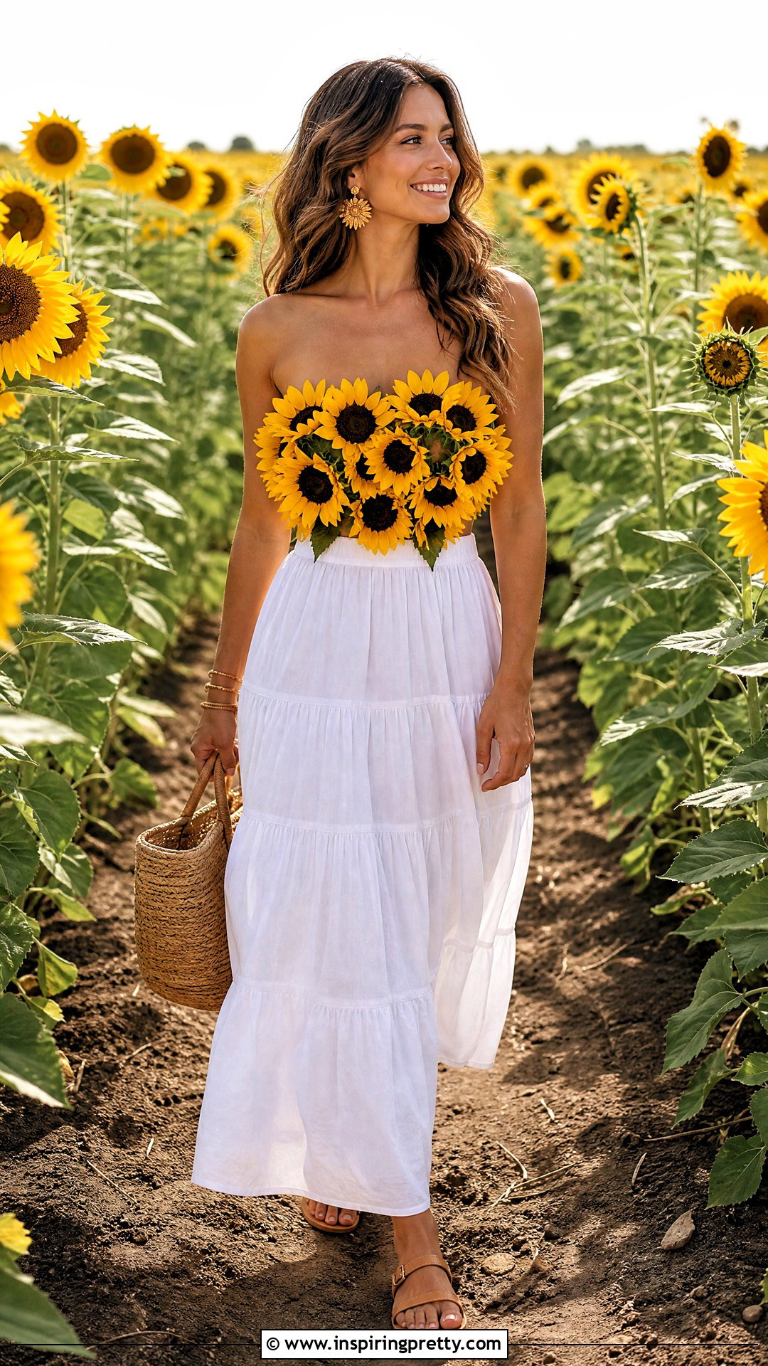 Sunflower Top With White Maxi Skirt - 50 flower top photoshoot ideas