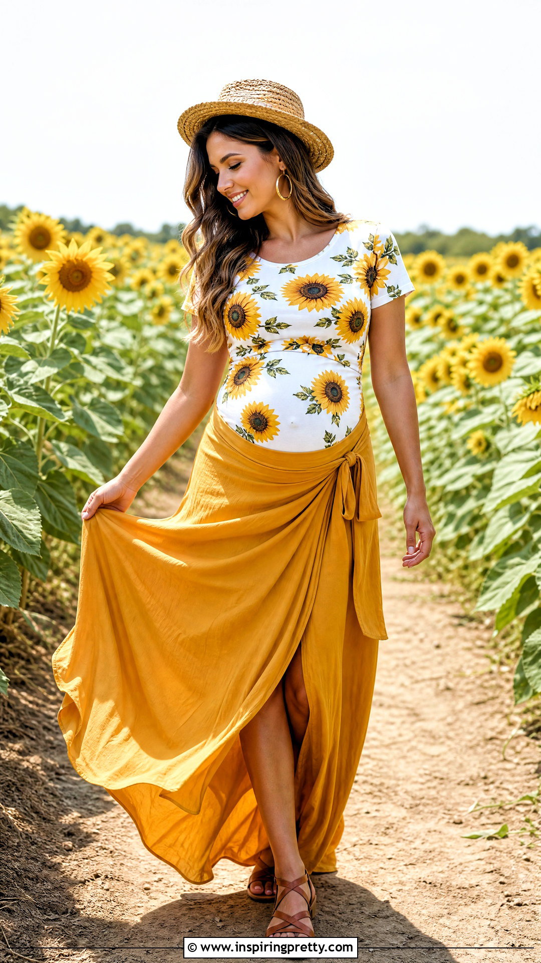 Sunflower Top With Yellow Maxi Skirt - 20 maternity flower top photoshoot ideas