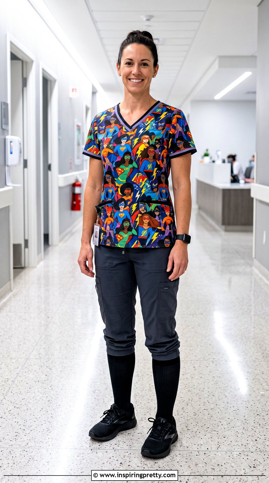 Superhero Character Scrub Top With Charcoal Cargo Pants - 20 character scrub tops outfit ideas