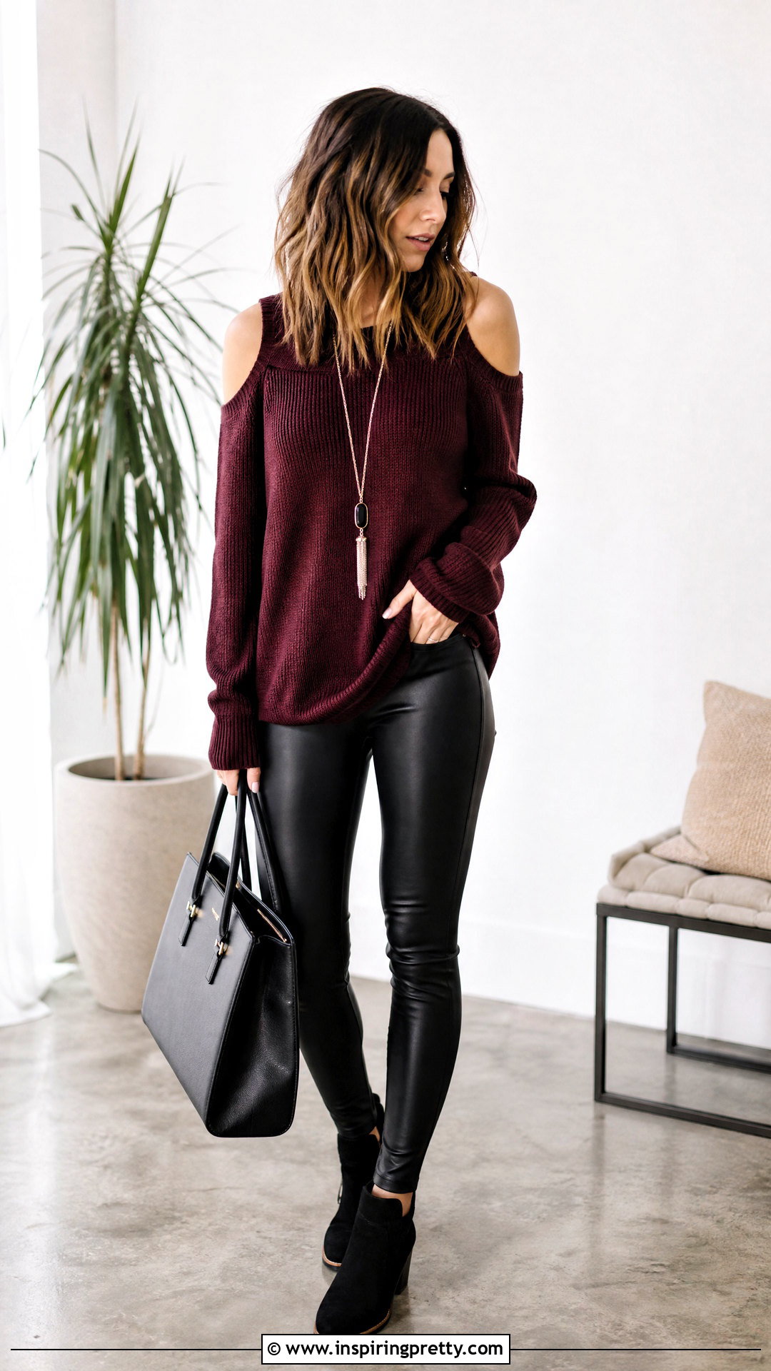 Sweater Cold Shoulder Top With Faux Leather Leggings - 20 cold shoulder top diy outfit ideas