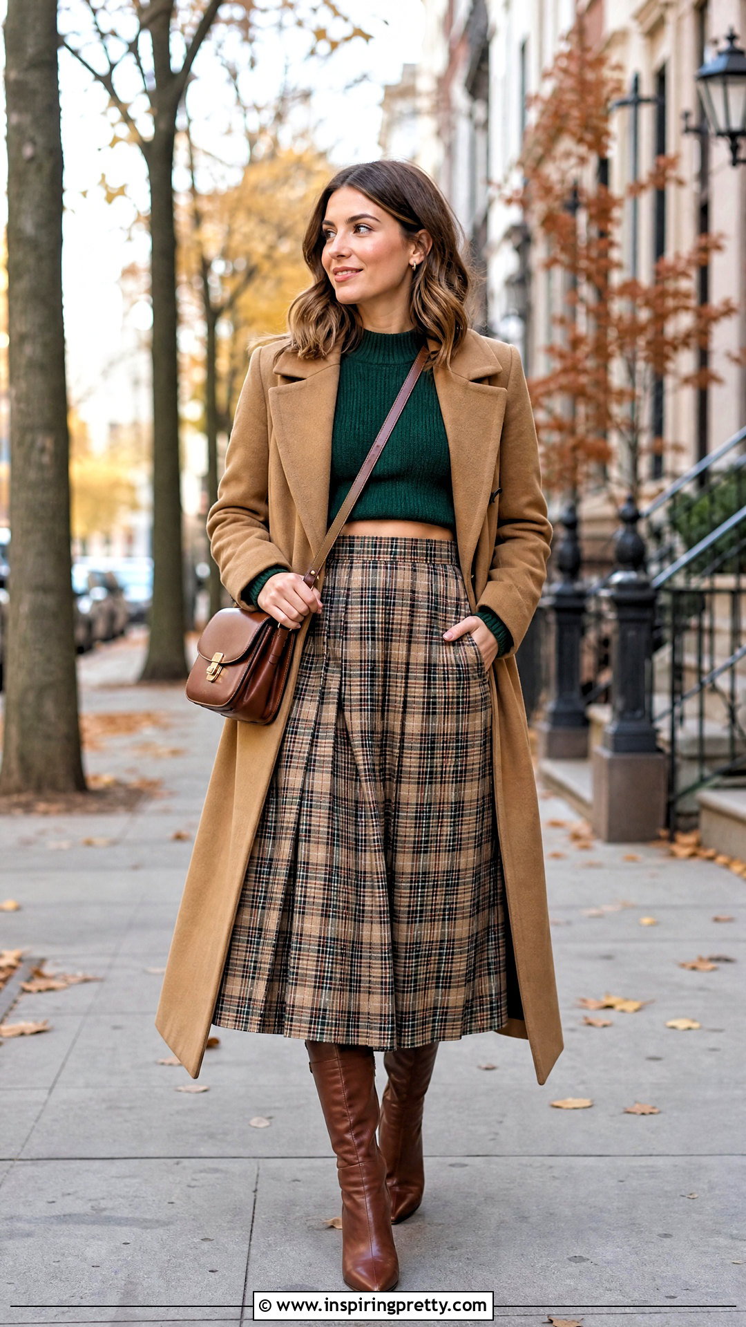 Sweater Crop Top With Plaid Midi Skirt - 20 crop top and midi skirt outfit ideas