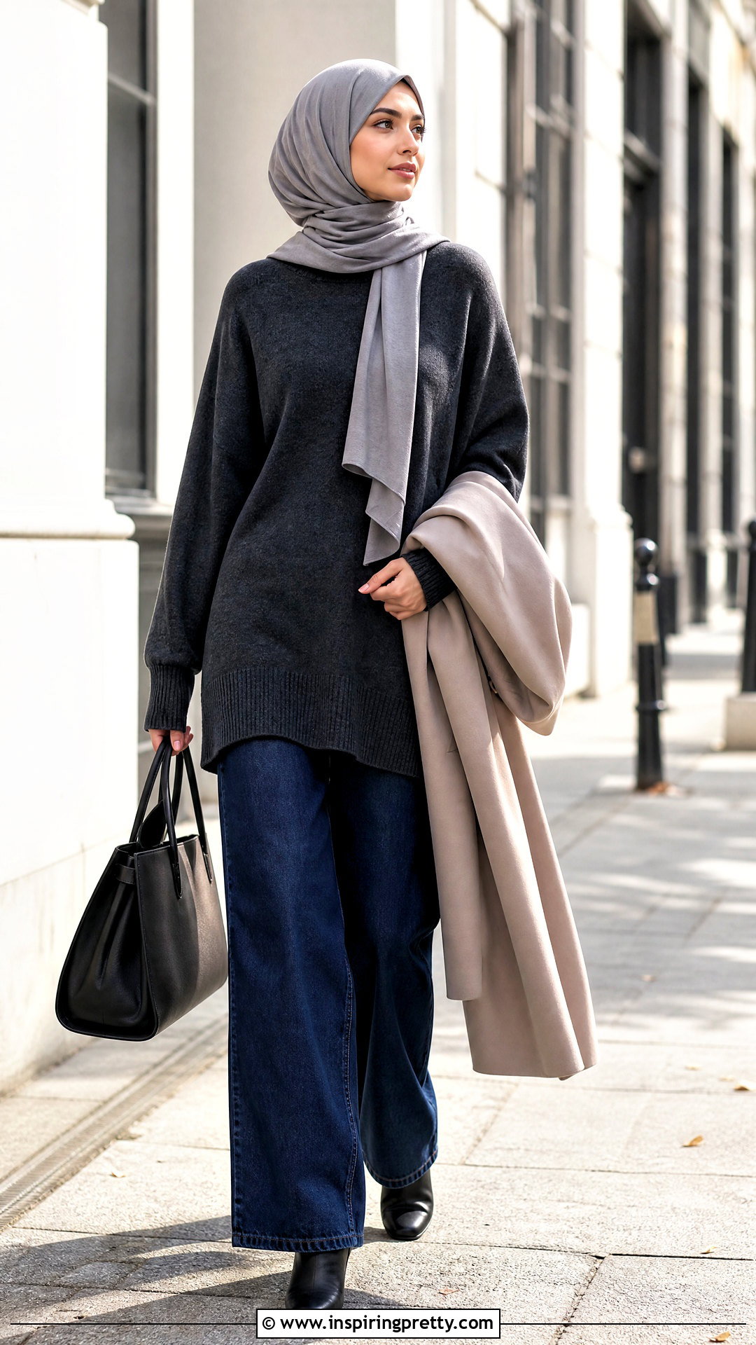 Sweater Long Top With Wide Leg Jeans - 50 long tops designs for muslims