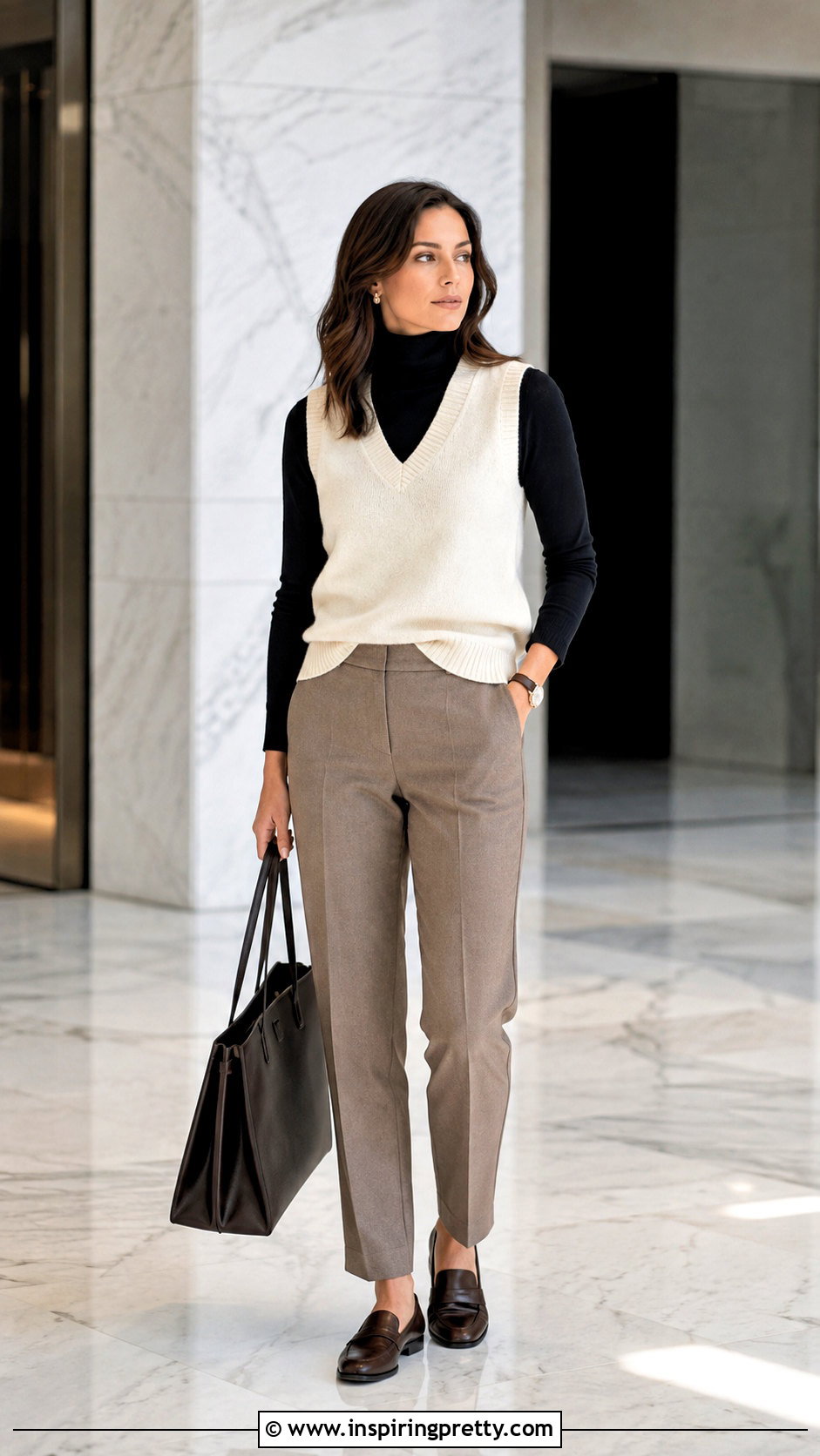 Sweater Tank Top Over Turtleneck With Tailored Trousers - 50 tank top over long sleeve outfit ideas