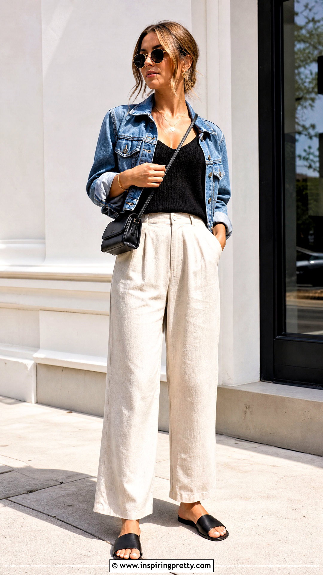 Sweater Tank Top With Denim Jacket And Linen Pants - 50 sweater tank top outfit ideas