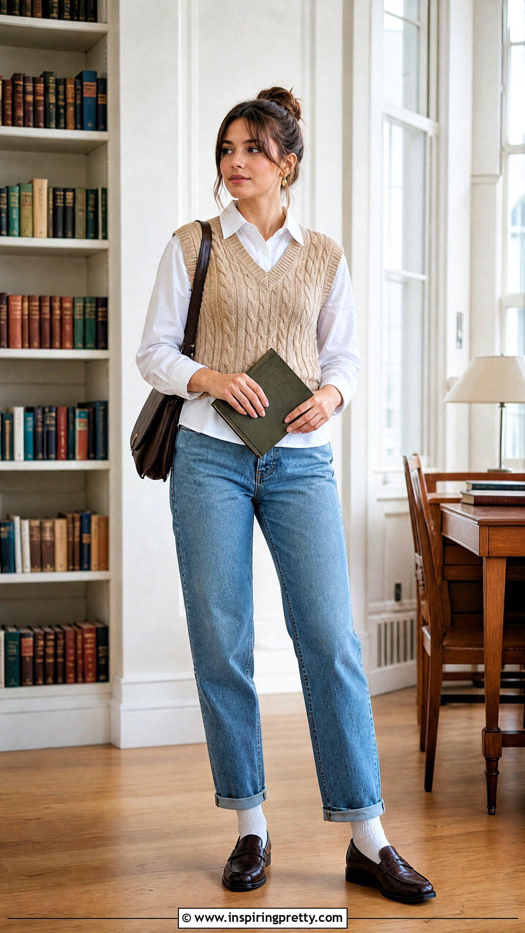 Sweater Vest And Relaxed Jeans Book Holding Pose - 50 Poses In Jeans Top Aesthetic Ideas