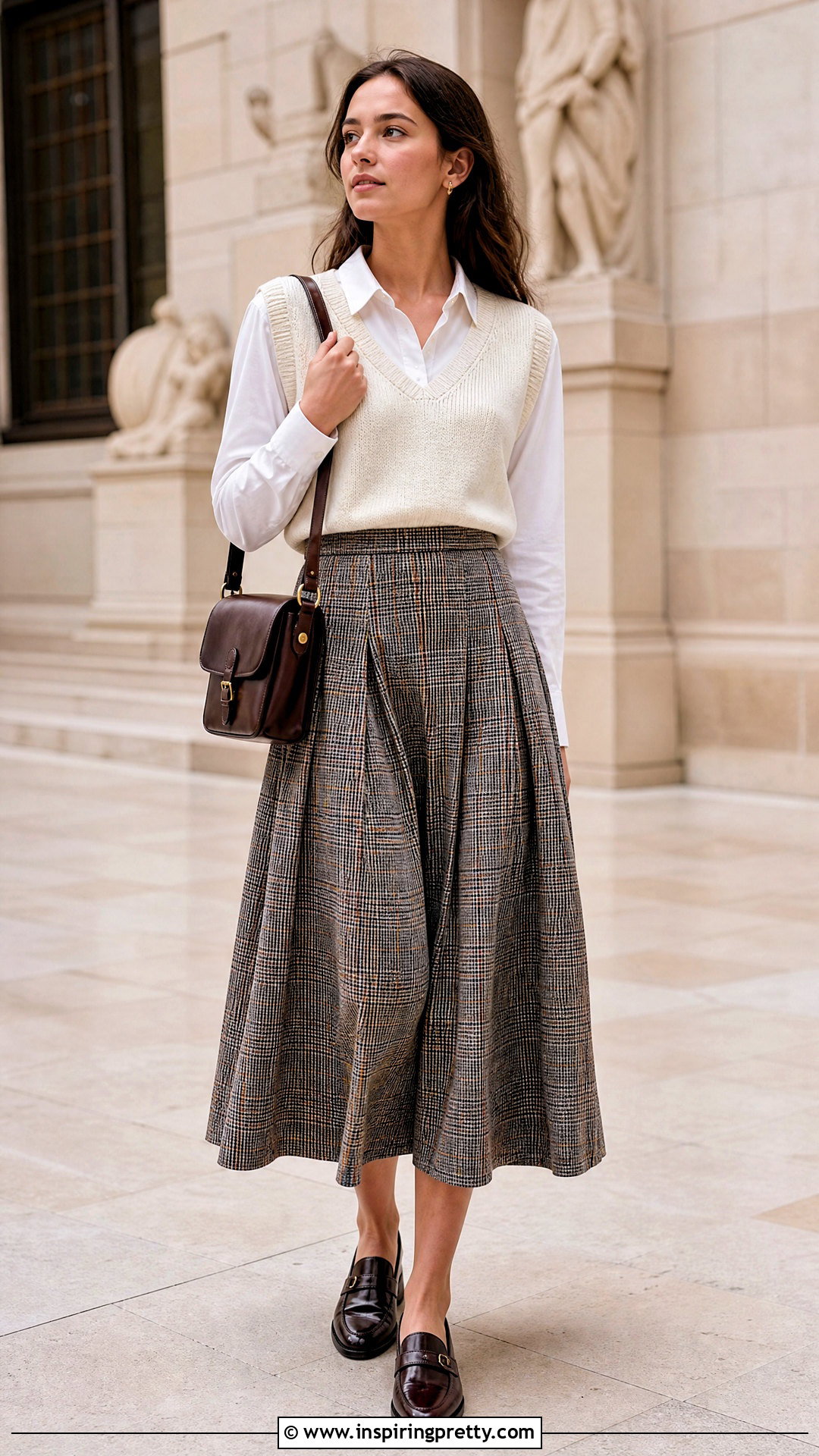 Sweater Vest And Shirt With Flare Skirt Outfit - 50 flare skirt and top outfit ideas