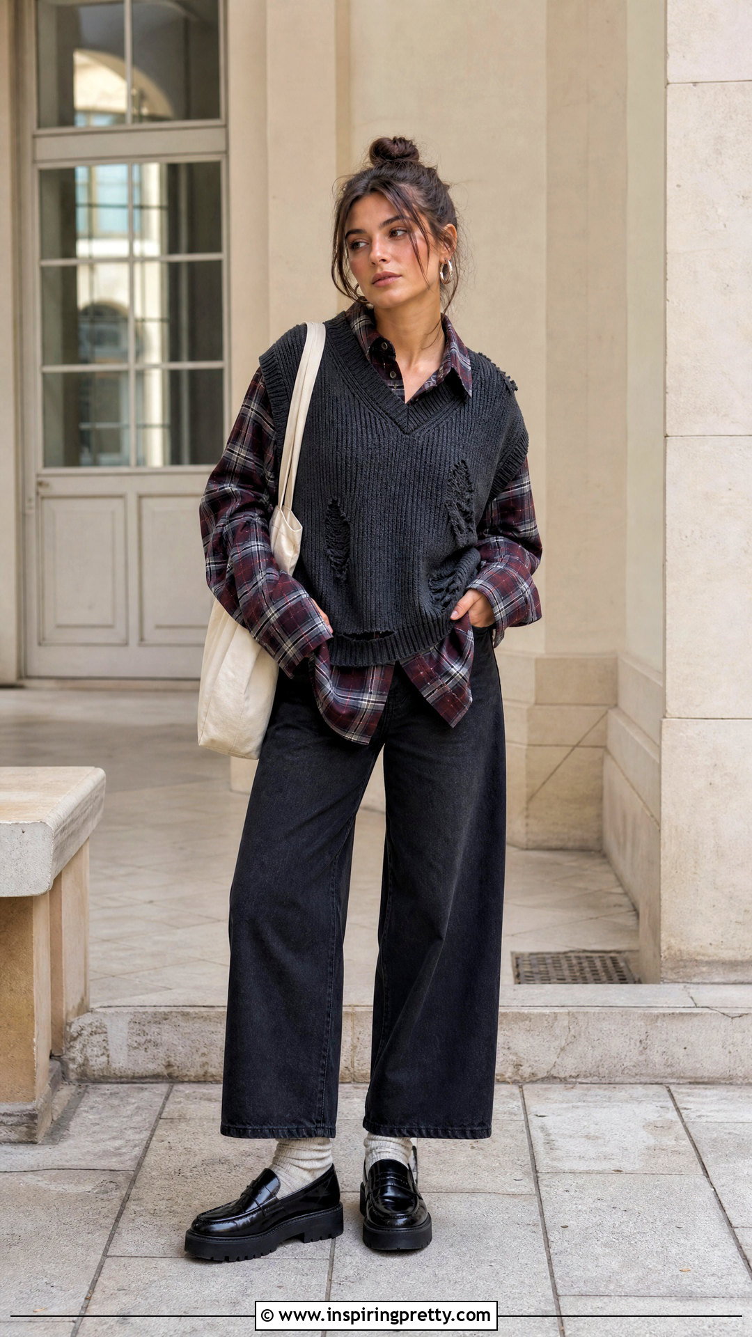 Sweater Vest Over Plaid Shirt Grunge Outfit - 20 Layered Tops Outfits Grunge Ideas